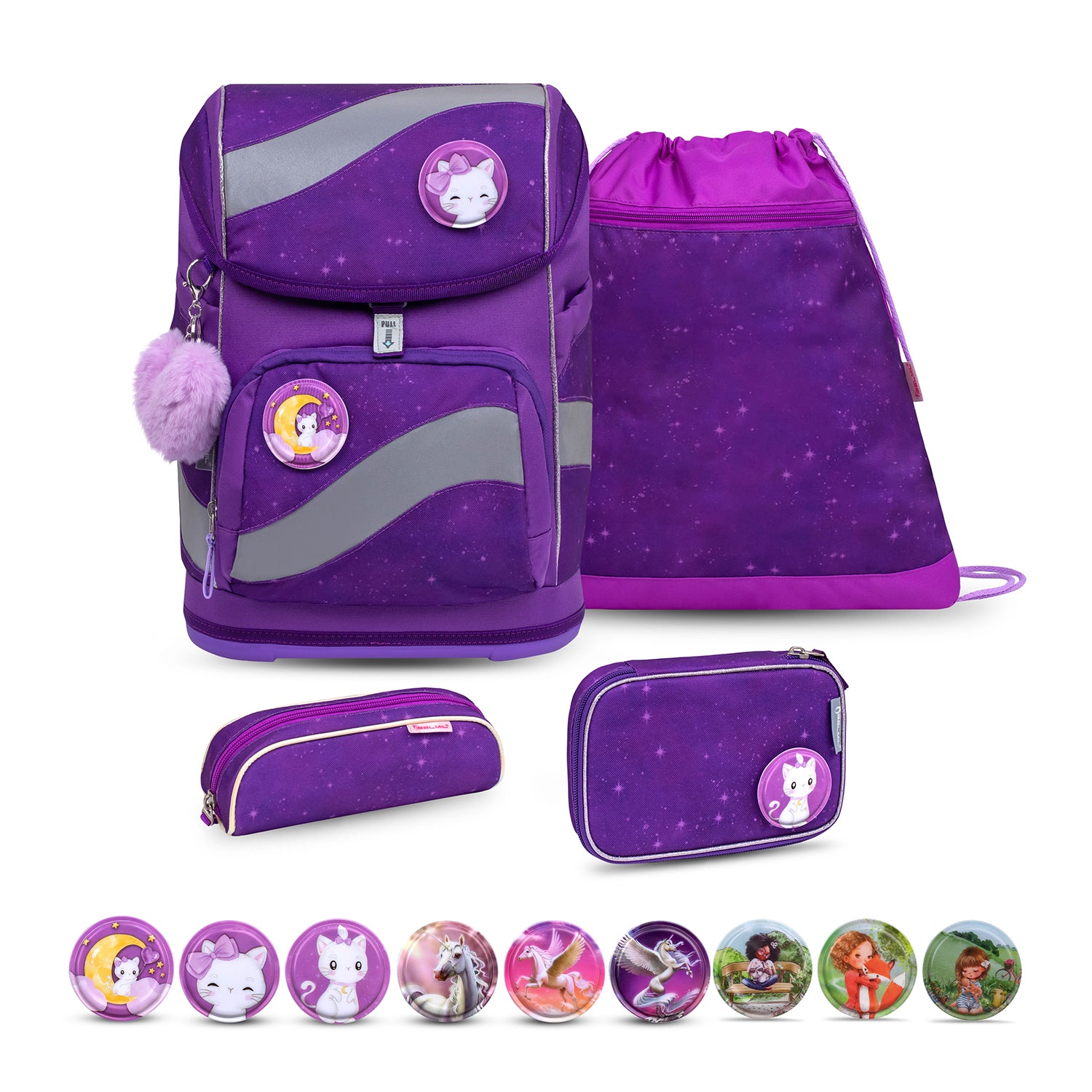 Belmil Smarty Purple Sky Ergonomic School Bag Set – 5-Piece Set with 9 Interchangeable Patches and Hip Belt featuring a purple school bag, a drawstring bag, an empty pencil case, zip pouch, and colorful interchangeable patches, perfect for girls heading back to school in 2025 from SALE. A stylish choice for any schoolgirl.