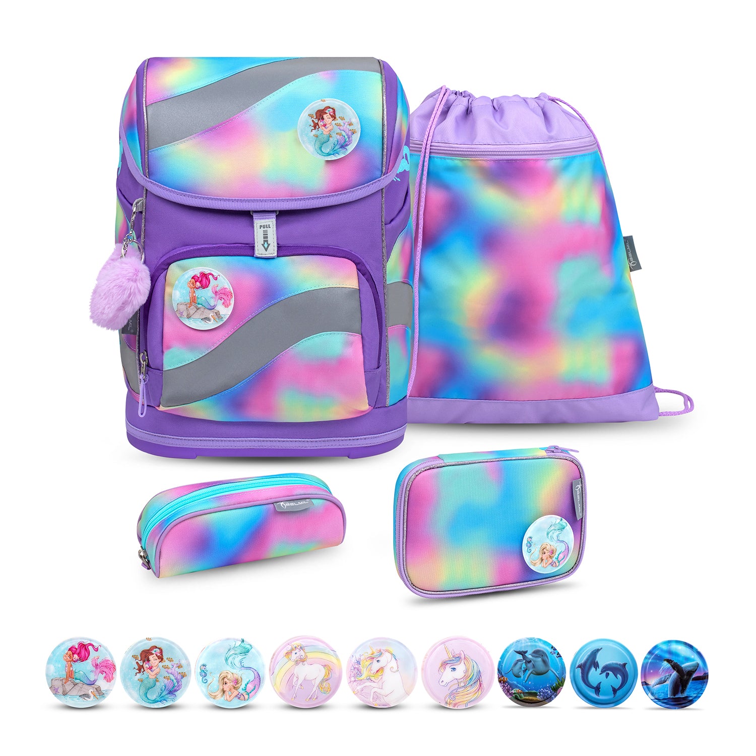 Belmil Smarty Rainbow Color Ergonomic School Bag Set – 5-Piece Set with 9 Interchangeable Patches and Hip Belt displayed with colorful patches, showcasing a vibrant design by the vendor sale.