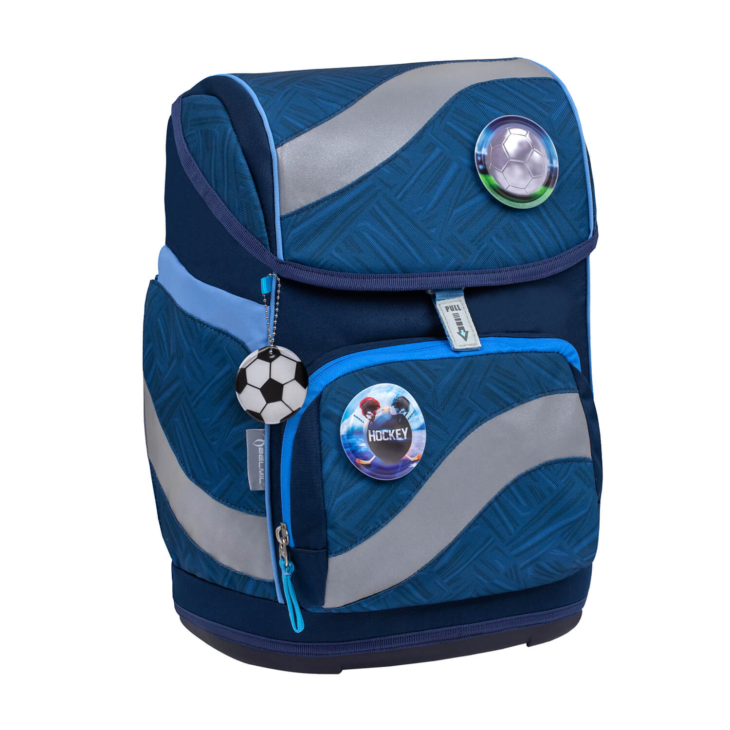Reflective elements on the Belmil Smarty Blue Motion Ergonomic School Bag Set – 5-Piece Set with 9 Interchangeable Patches and Hip Belt, ensuring safety during low visibility.
