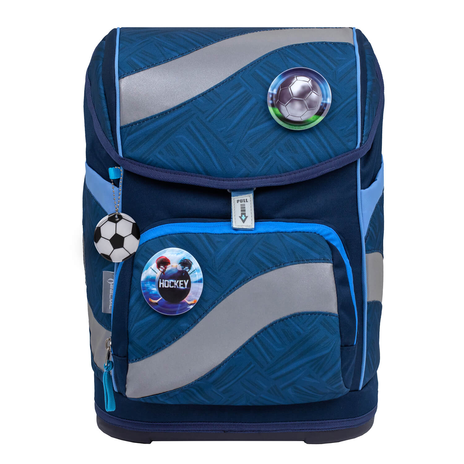 Slide-to-open Fidlock magnetic buckle on the Belmil Smarty Blue Motion Ergonomic School Bag Set – 5-Piece Set with 9 Interchangeable Patches and Hip Belt for secure closure.