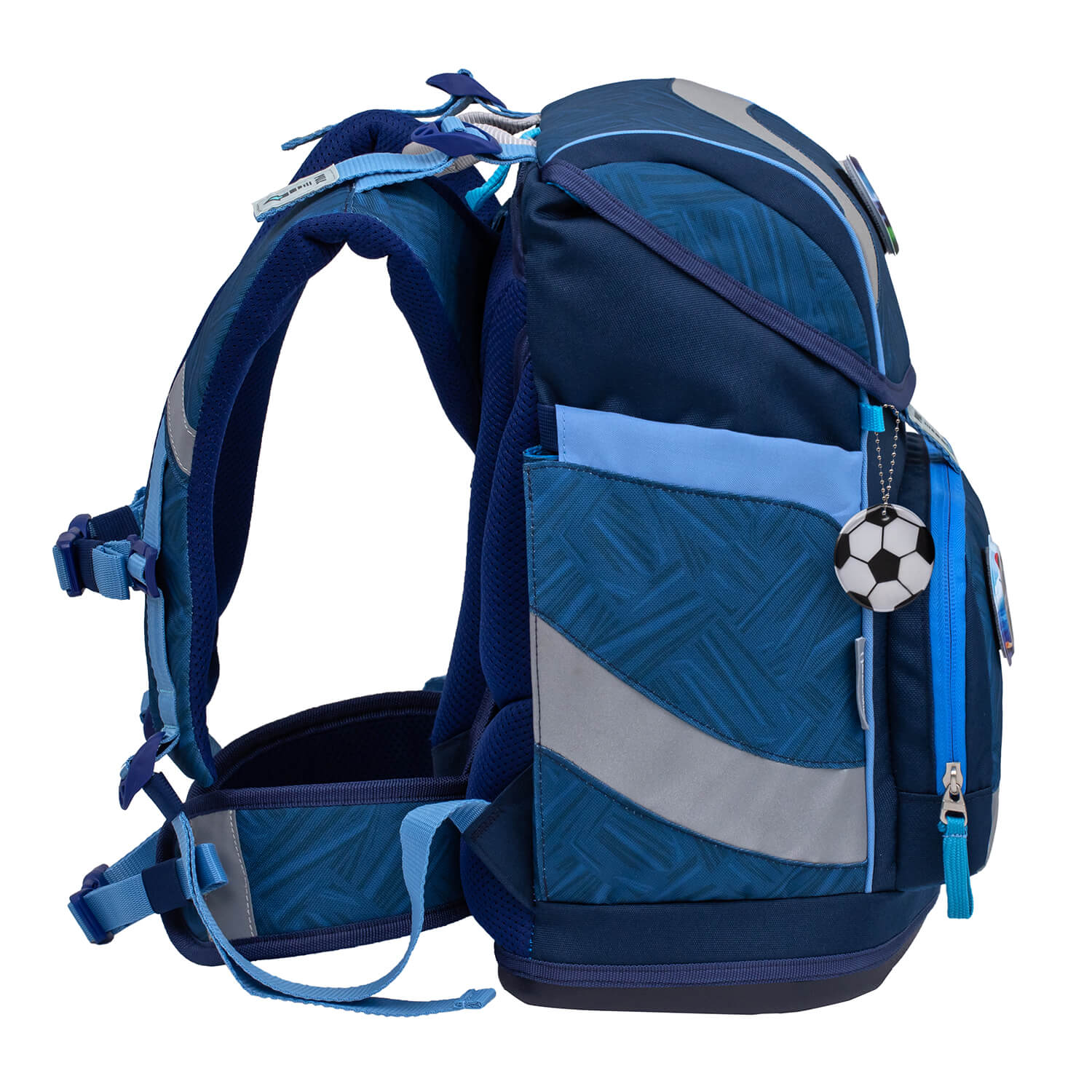 Side pockets of the Belmil Smarty Blue Motion Ergonomic School Bag Set – 5-Piece Set with 9 Interchangeable Patches and Hip Belt, perfect for water bottles and small items.