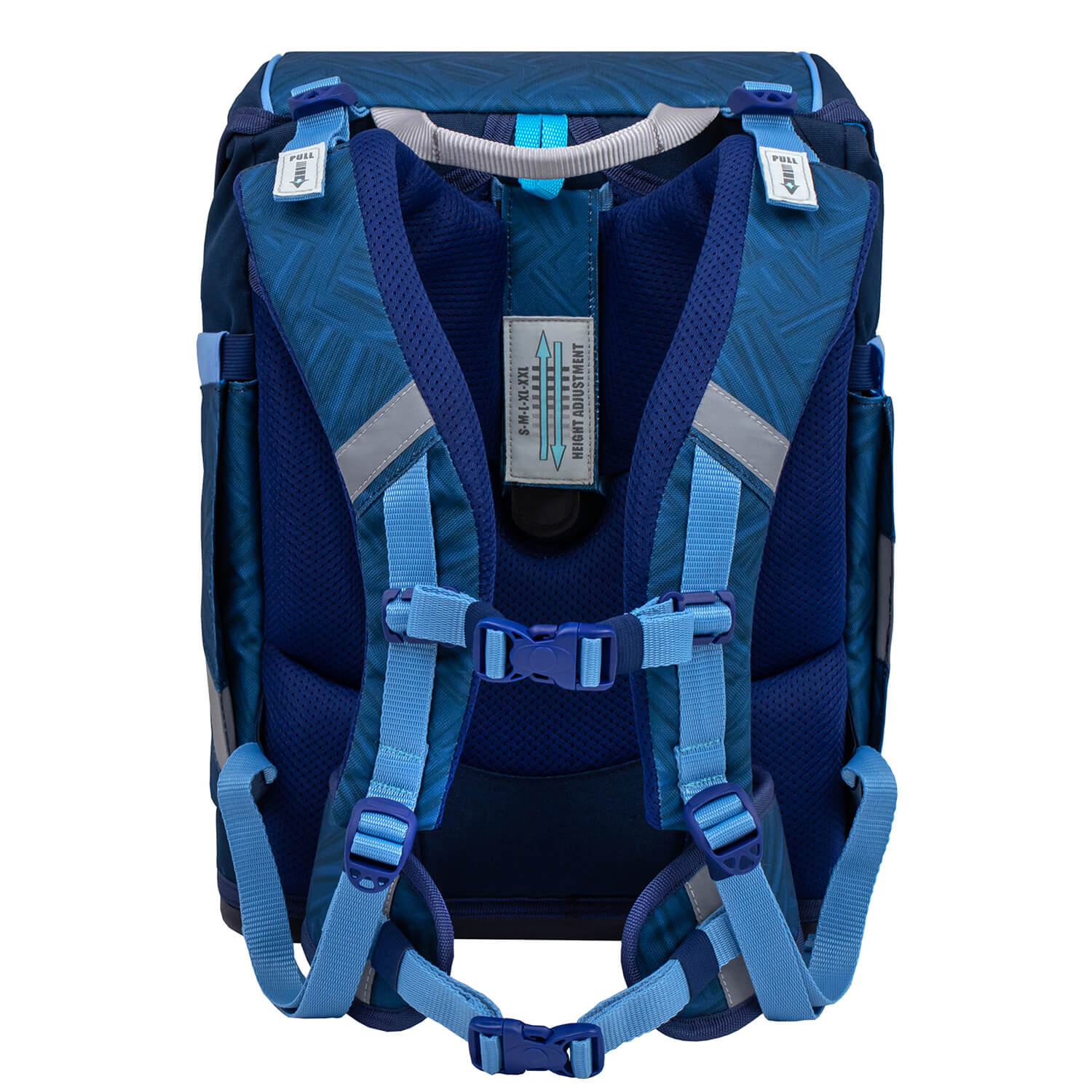 The vibrant blue and grey design of the Belmil Smarty Blue Motion Ergonomic School Bag Set – 5-Piece Set with 9 Interchangeable Patches and Hip Belt, appealing to school children.