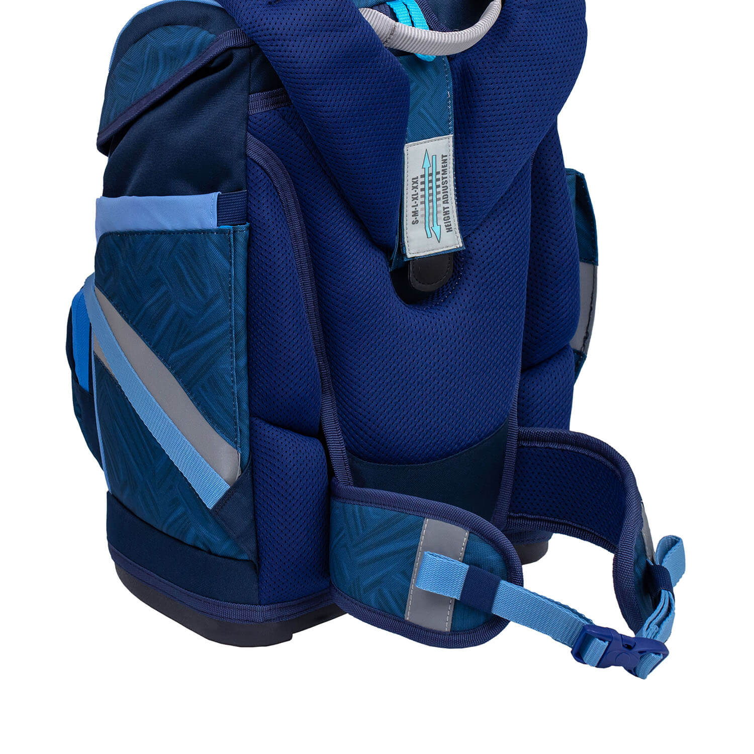 Complete view of the 5-piece set including the Belmil Smarty Blue Motion Ergonomic School Bag Set – 5-Piece Set with 9 Interchangeable Patches and Hip Belt, along with matching accessories.