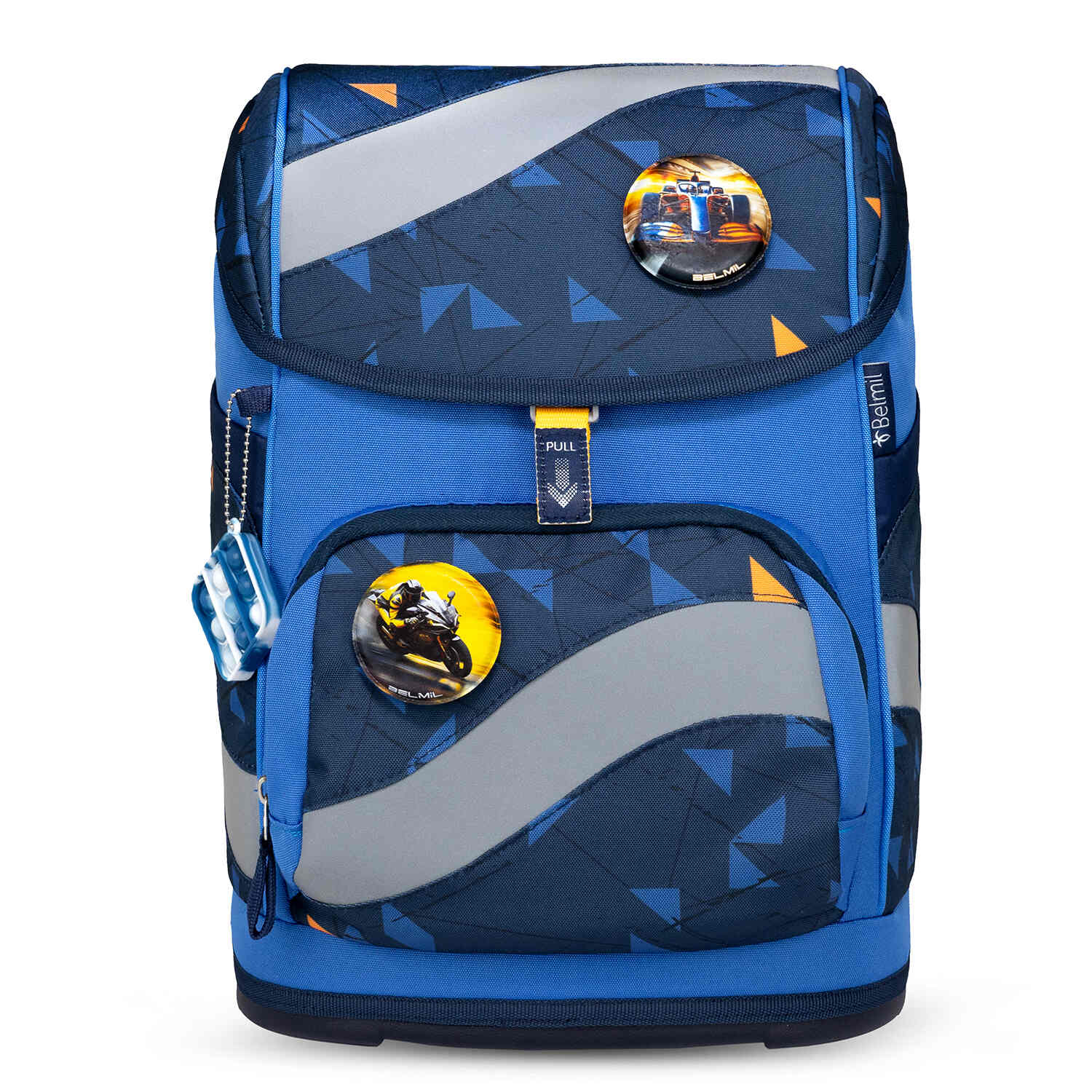 Interior organizer and pockets of the Belmil Smarty Energy3 Ergonomic School Bag Set – 5-Piece Set with 9 Interchangeable Patches and Hip Belt.