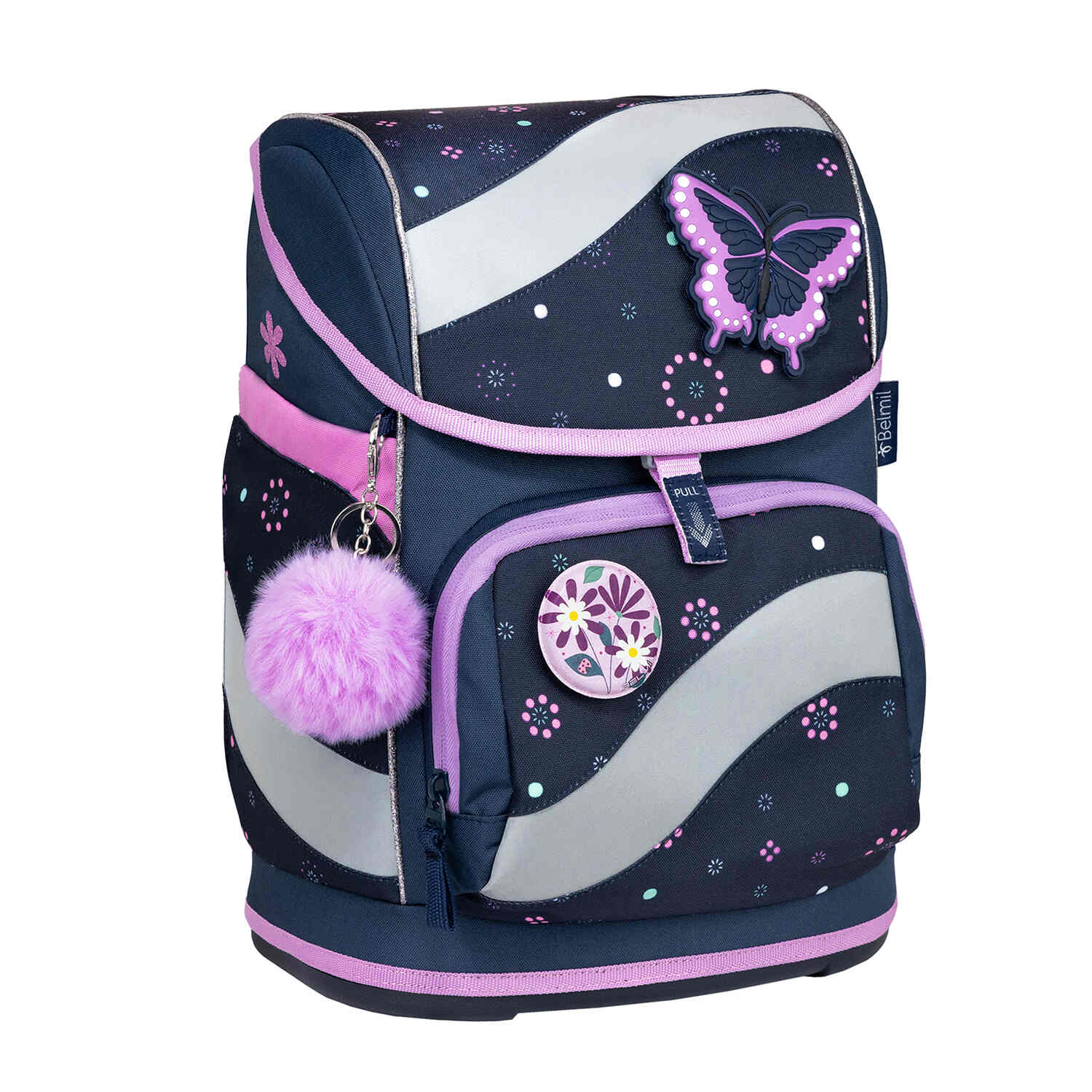The interior of the Belmil Smarty Flowers Blue Ergonomic School Bag Set for Girls – 5-Piece Set with 9 Patches and Hip Belt showing organizational compartments.