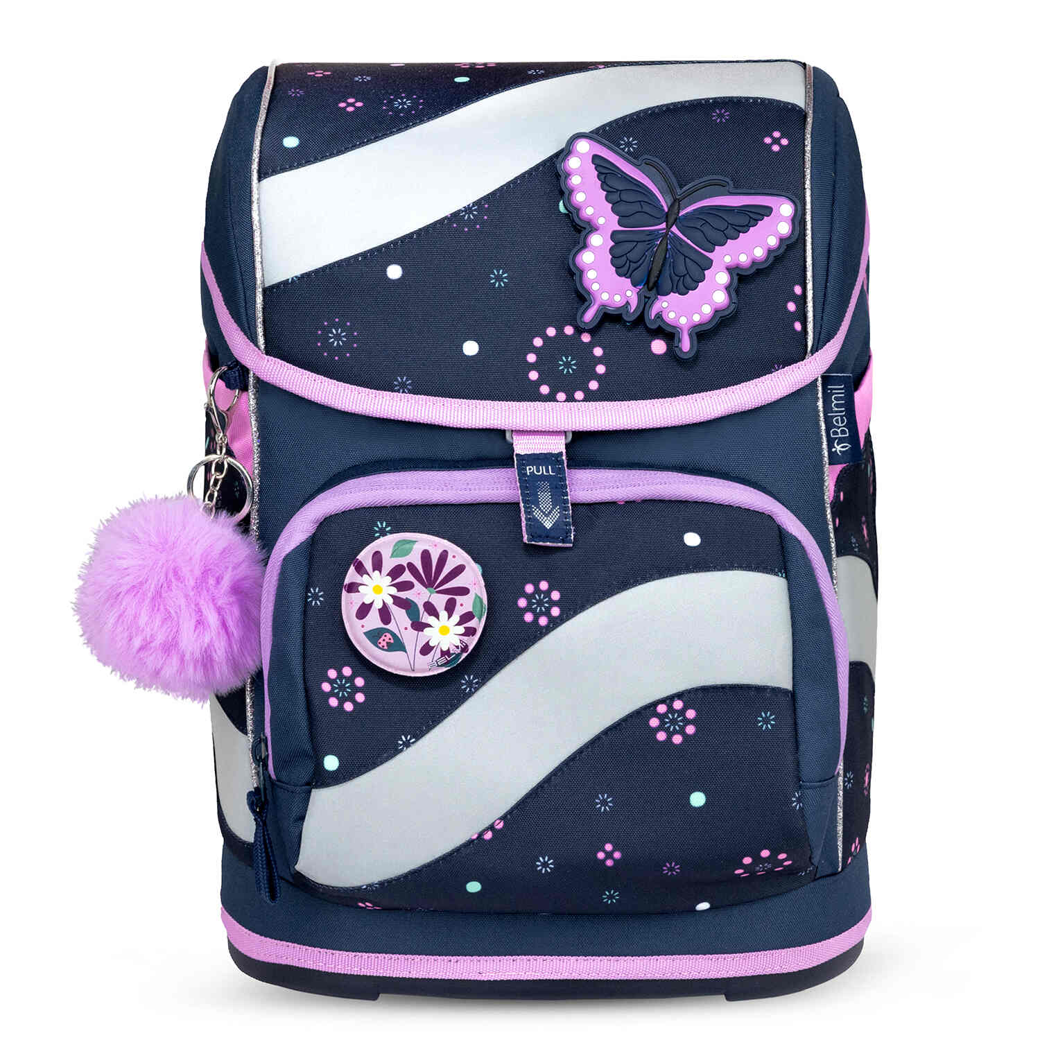 Side view of the Belmil Smarty Flowers Blue Ergonomic School Bag Set for Girls – 5-Piece Set with 9 Patches and Hip Belt highlighting its ergonomic design.