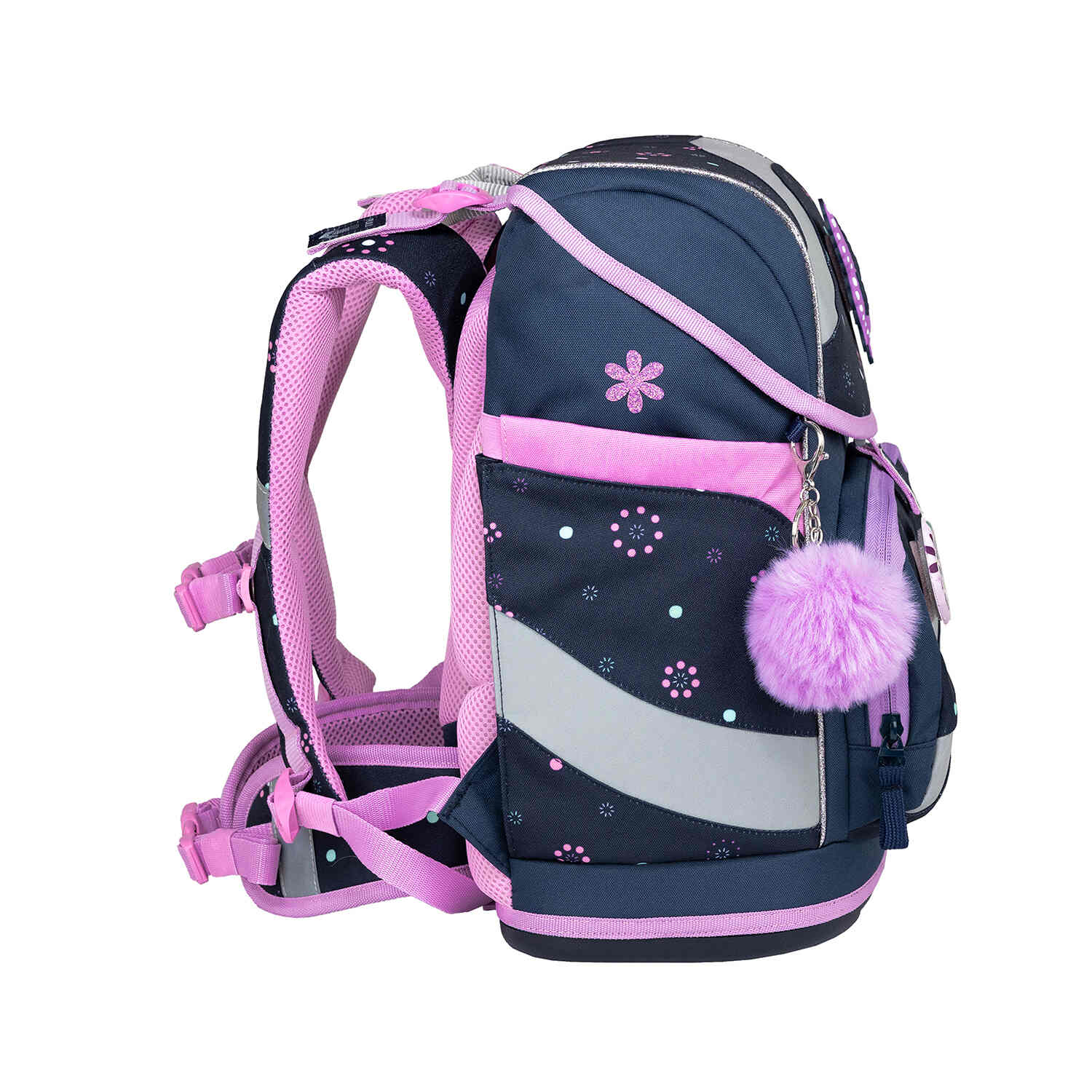 Belmil Smarty Flowers Blue Ergonomic School Bag Set for Girls – 5-Piece Set with 9 Patches and Hip Belt laid out on a solid surface.