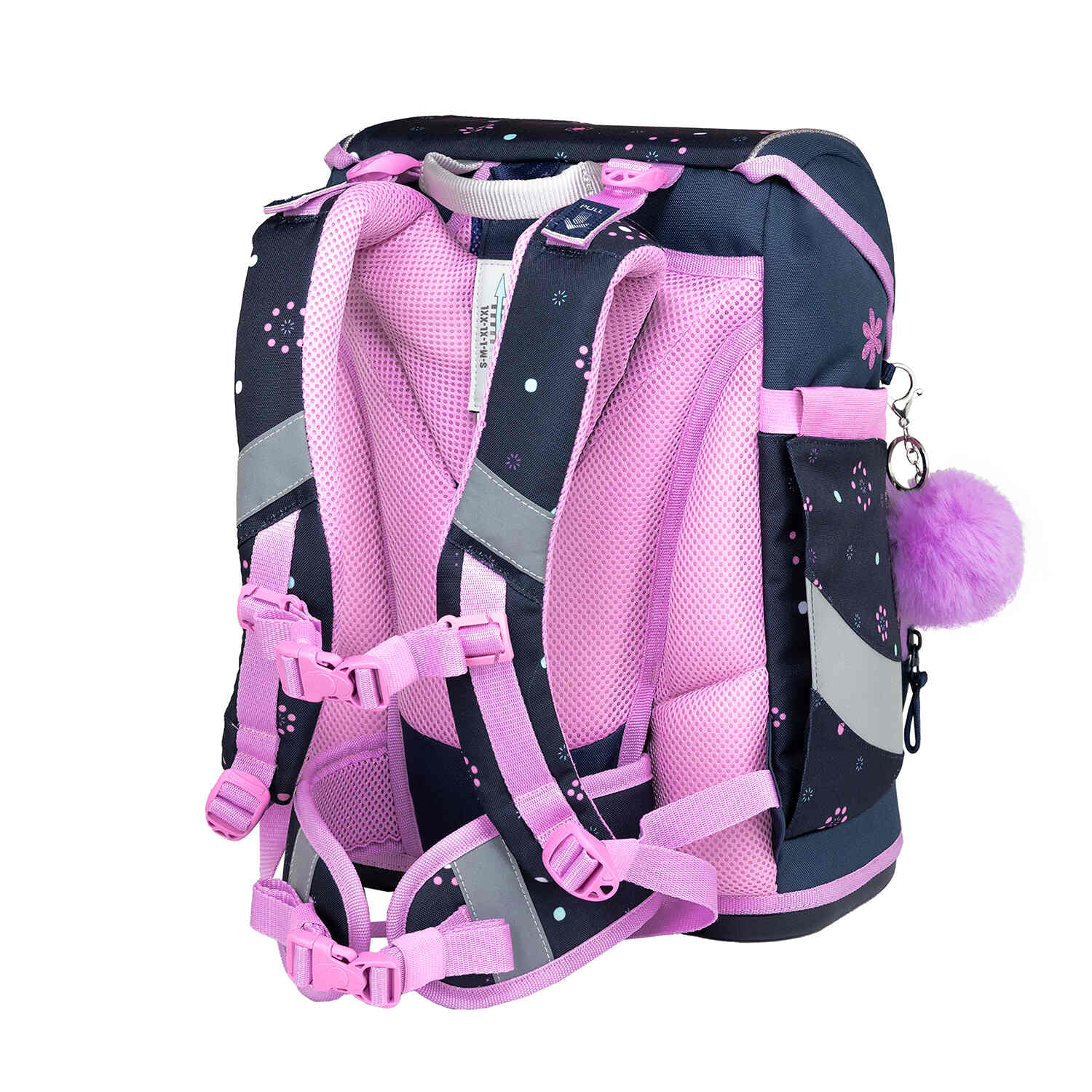 Back view of the Belmil Smarty Flowers Blue Ergonomic School Bag Set for Girls – 5-Piece Set with 9 Patches and Hip Belt with padded straps.