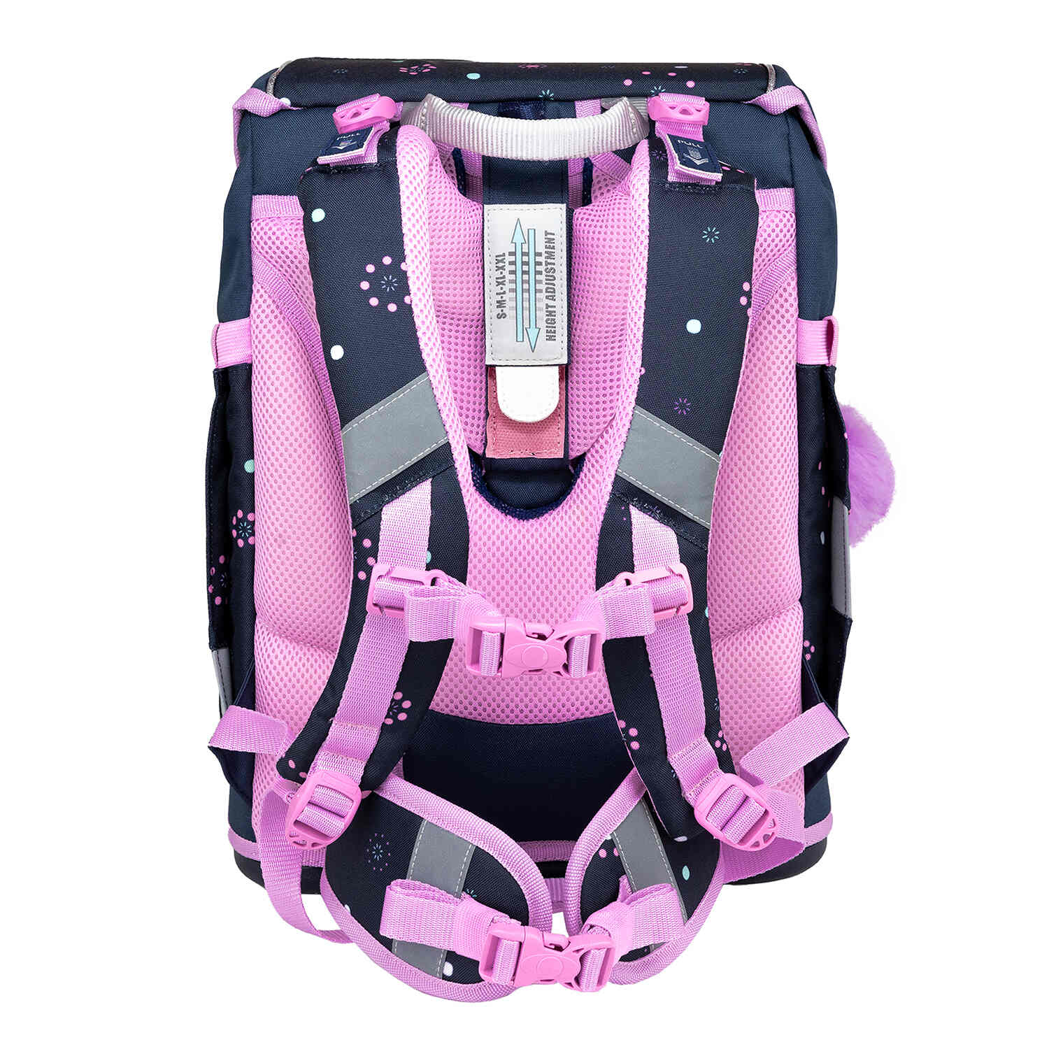 Belmil Smarty Flowers Blue Ergonomic School Bag Set for Girls – 5-Piece Set with 9 Patches and Hip Belt featuring the adjustable hip belt.