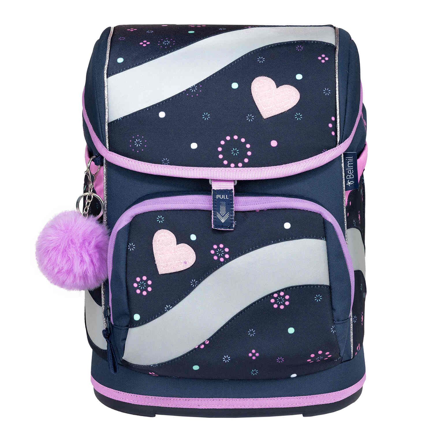 Belmil Smarty Flowers Blue Ergonomic School Bag Set for Girls – 5-Piece Set with 9 Patches and Hip Belt displayed with colorful patches.