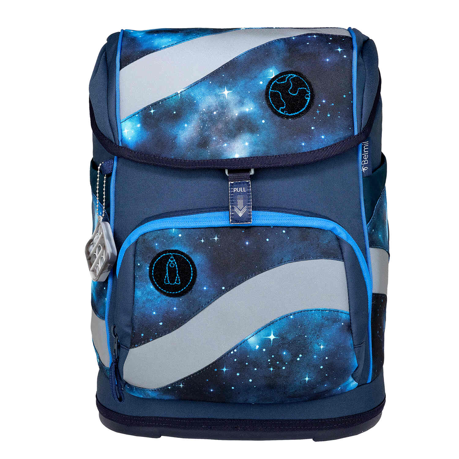 Reflective elements on the Belmil Smarty Galaxy school bag for enhanced visibility and safety during school commutes.