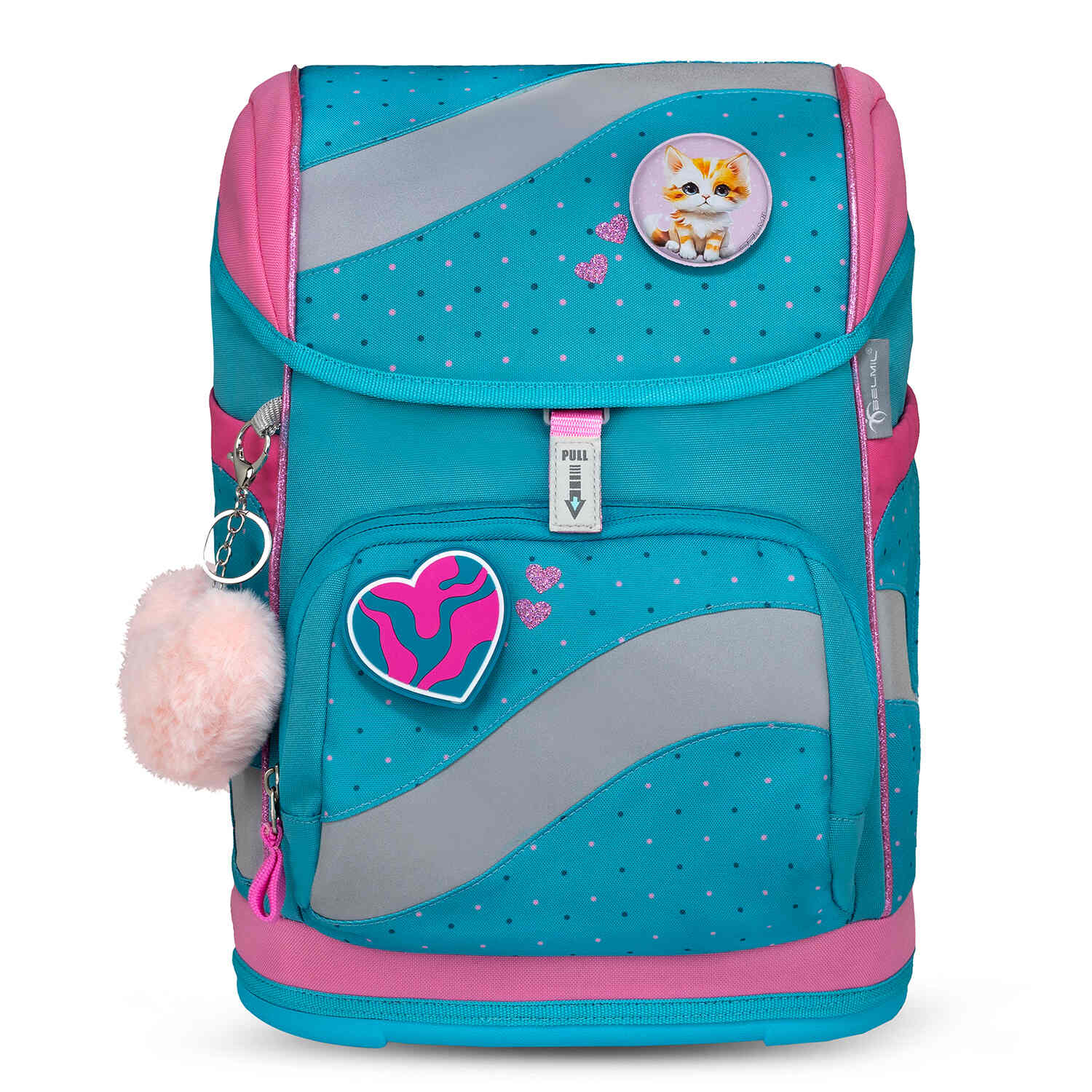 Belmil Smarty Hearts and Dots Ergonomic School Bag Set – 5-Piece Set with 9 Interchangeable Patches and Hip Belt featuring a slide-to-open Fidlock magnetic buckle for easy use.