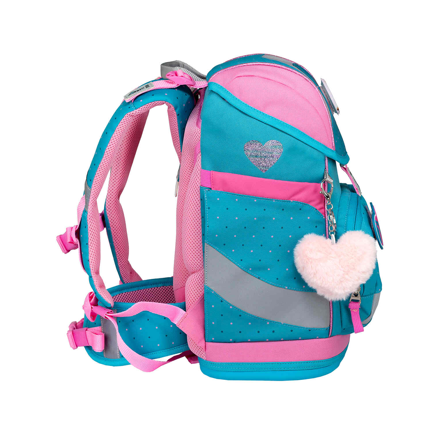 Belmil Smarty Hearts and Dots Ergonomic School Bag Set – 5-Piece Set with 9 Interchangeable Patches and Hip Belt displaying smart internal organizers and side pockets.