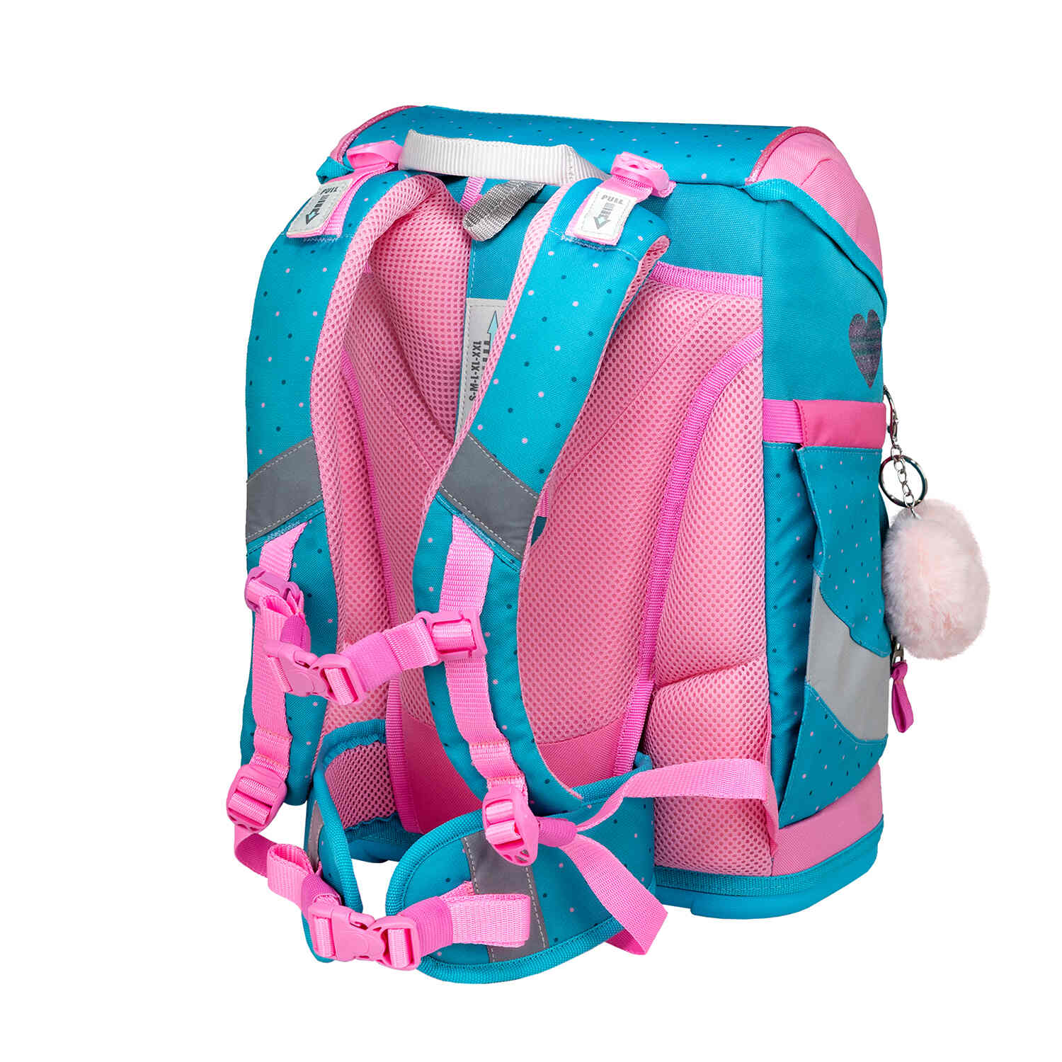 Belmil Smarty Hearts and Dots Ergonomic School Bag Set – 5-Piece Set with 9 Interchangeable Patches and Hip Belt highlighting its 9 interchangeable patches for customization.