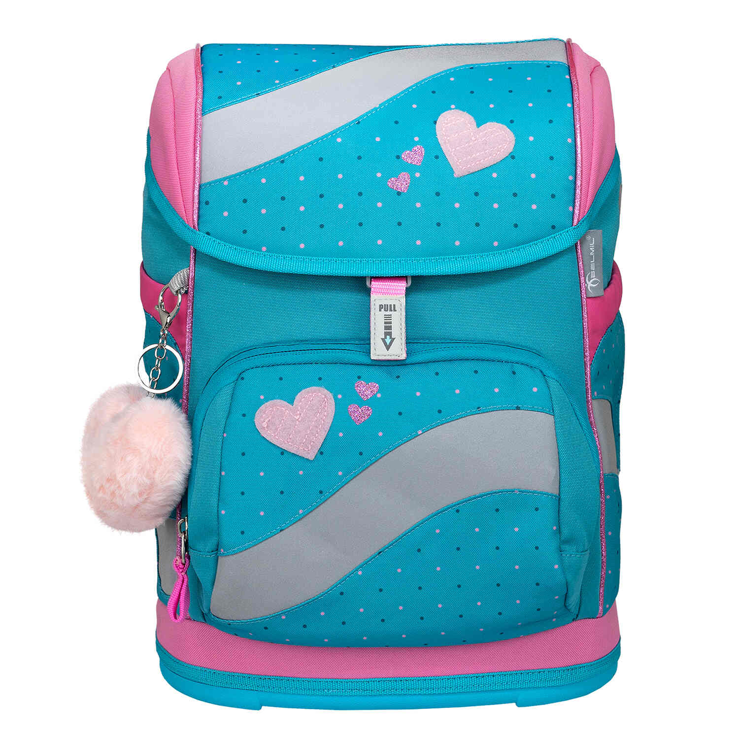 Belmil Smarty Hearts and Dots Ergonomic School Bag Set – 5-Piece Set with 9 Interchangeable Patches and Hip Belt showcasing reflective elements for enhanced visibility.