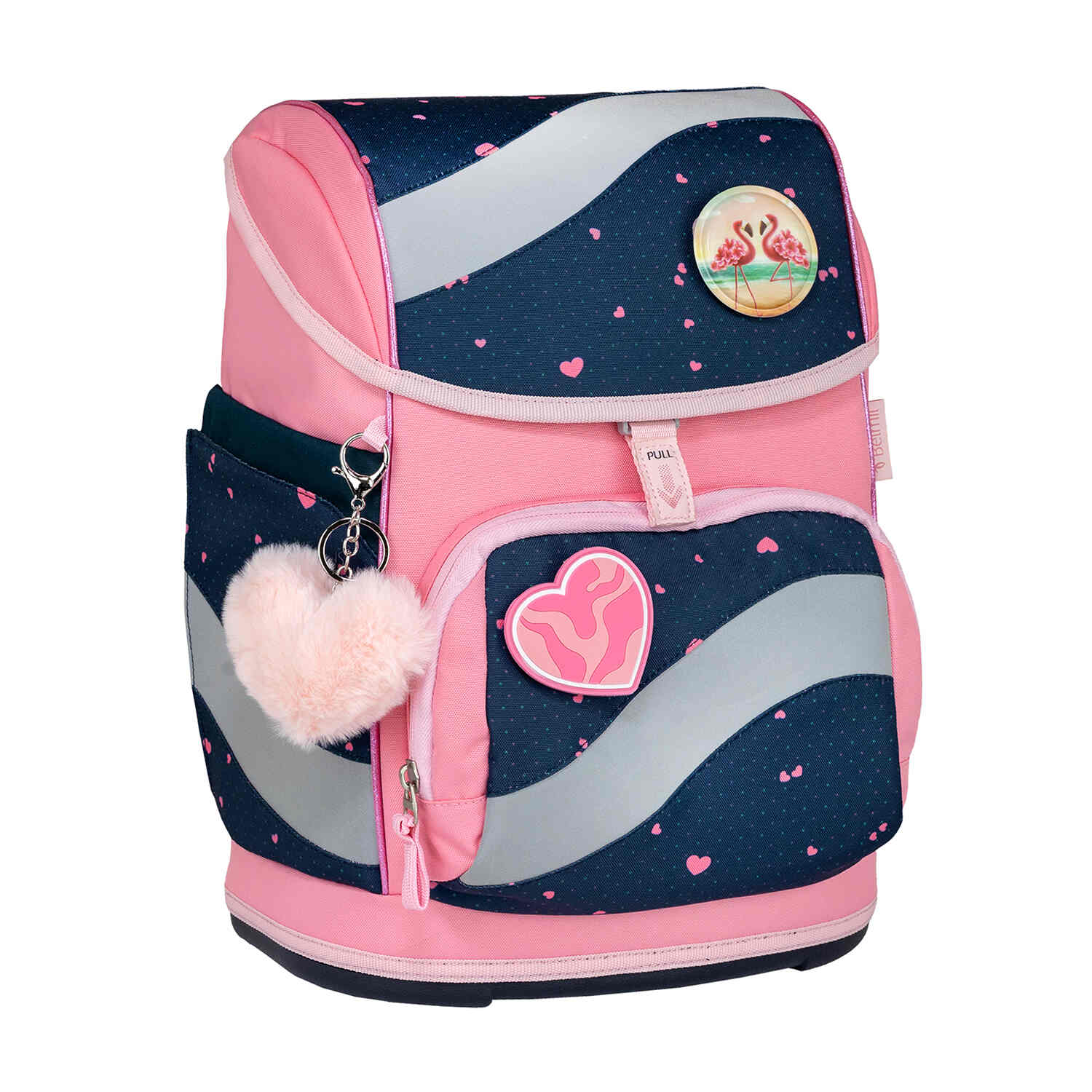 Displaying the cute patches of the Belmil Smarty In Love With Hearts Ergonomic School Bag Set – 5-Piece Set with 9 Interchangeable Patches and Hip Belt for personalization.