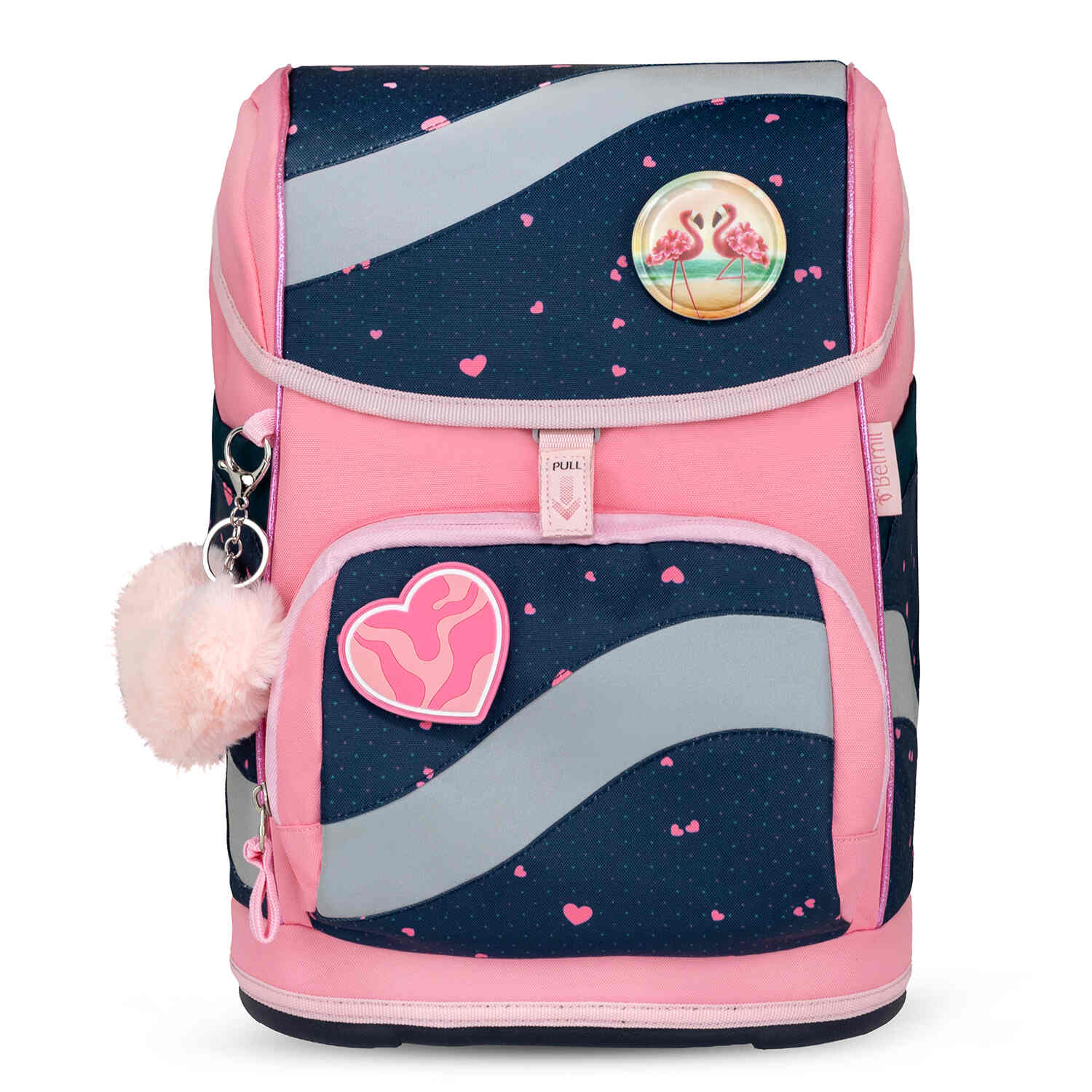 The Belmil Smarty In Love With Hearts Ergonomic School Bag Set – 5-Piece Set with 9 Interchangeable Patches and Hip Belt next to school supplies emphasizing its suitability for young children.