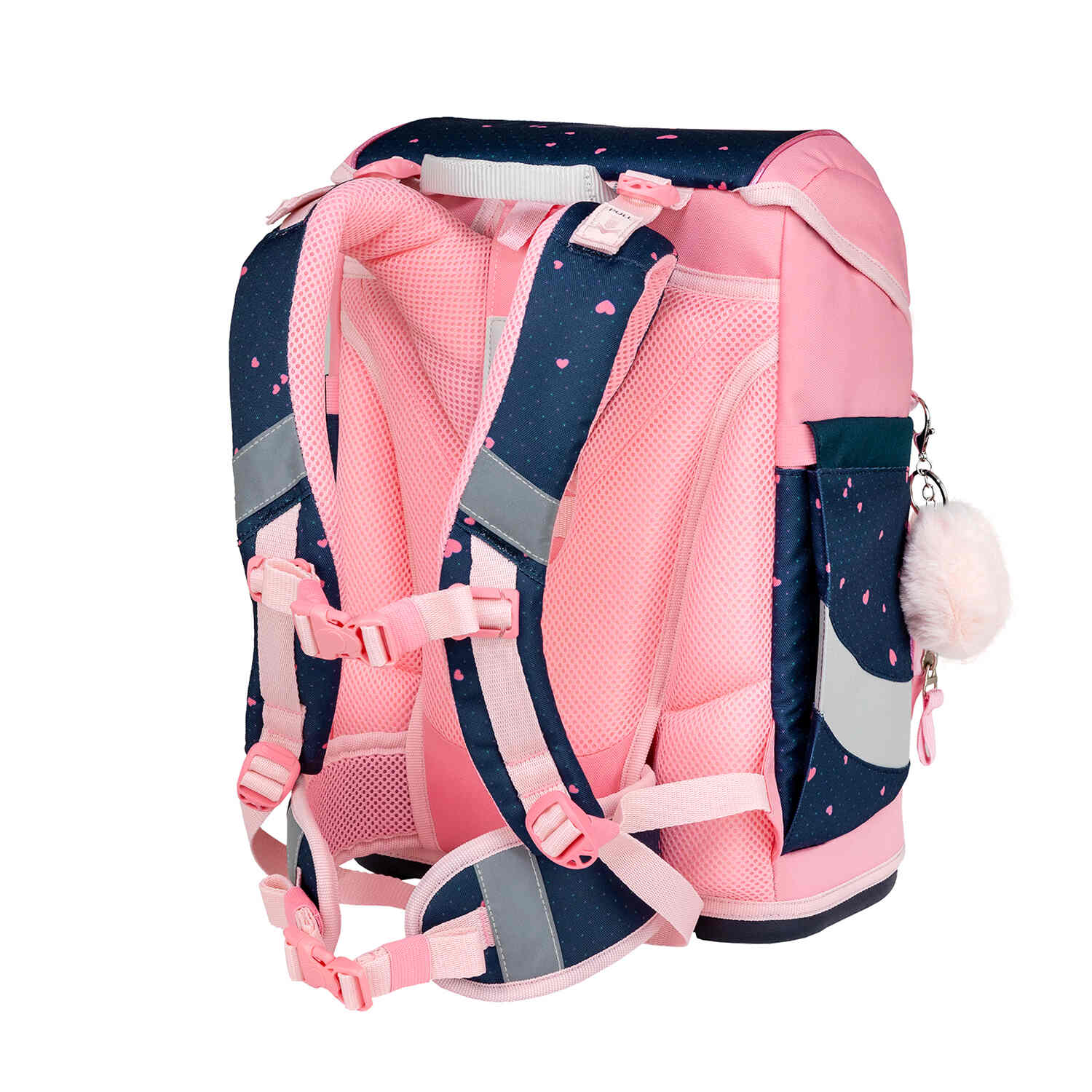 The Belmil Smarty In Love With Hearts Ergonomic School Bag Set – 5-Piece Set with 9 Interchangeable Patches and Hip Belt nestled among children’s books.