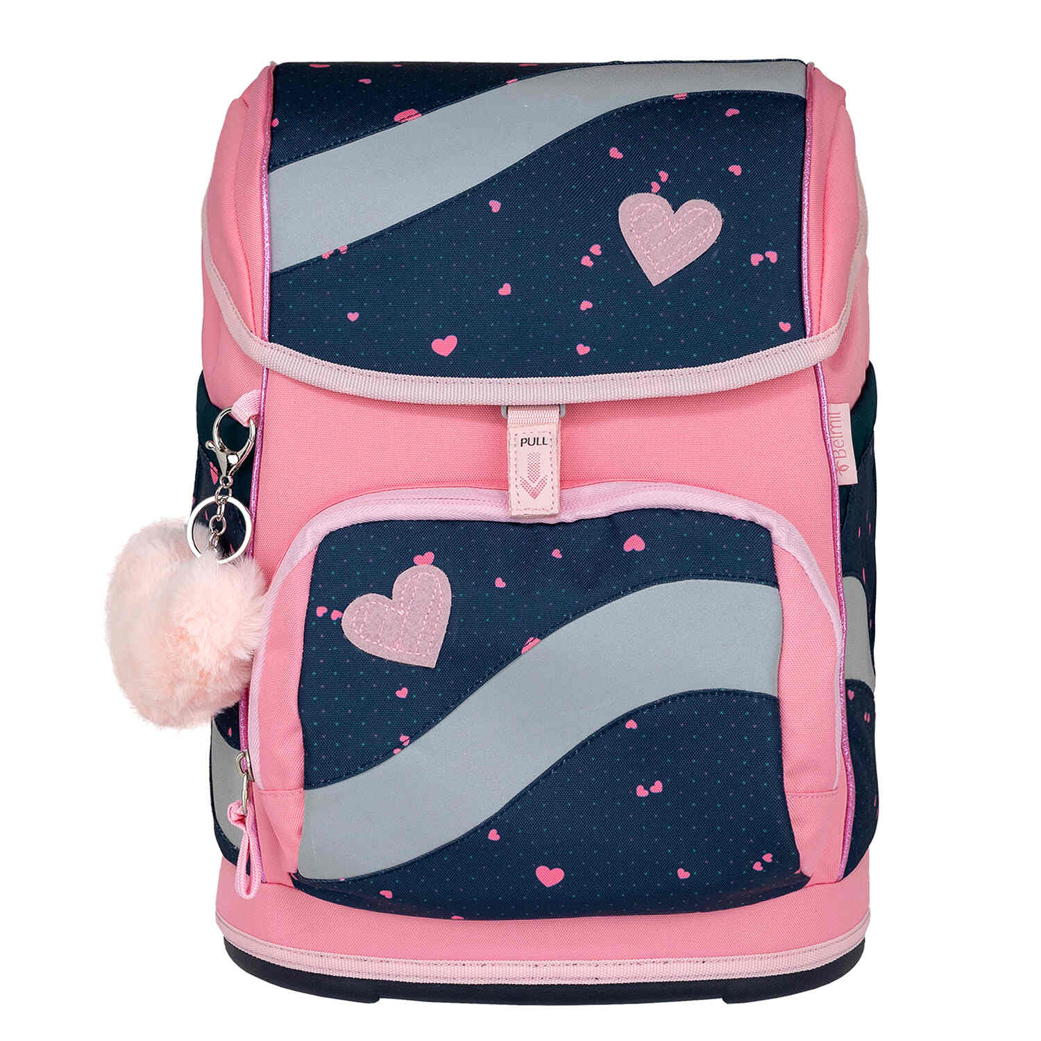 The Belmil Smarty In Love With Hearts Ergonomic School Bag Set – 5-Piece Set with 9 Interchangeable Patches and Hip Belt showcasing its detachable hip belt and adjustable straps.