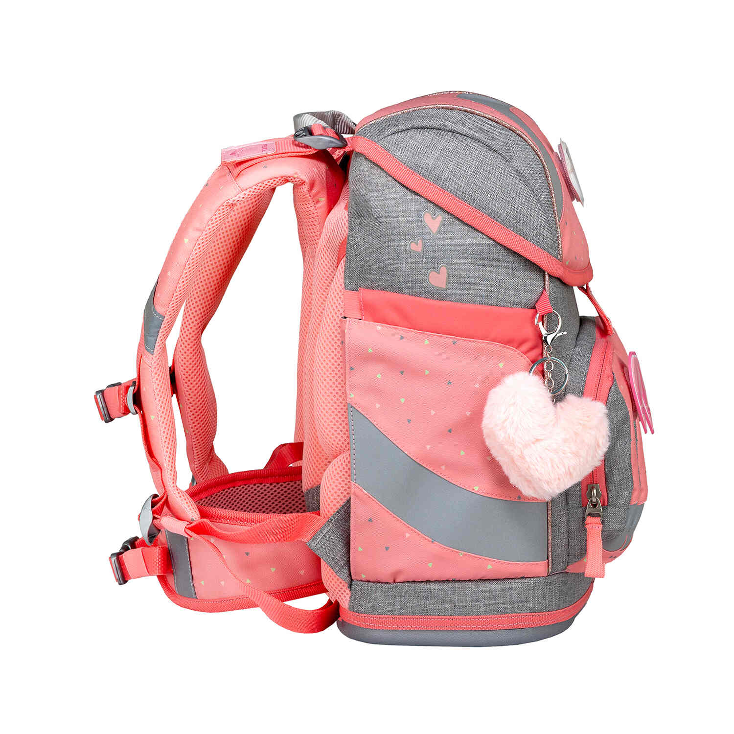 Side view of the Belmil Smarty Minimal Triangels Ergonomic School Bag Set – 5-Piece Set with 9 Interchangeable Patches and Hip Belt, displaying shoulder straps and ergonomic details.