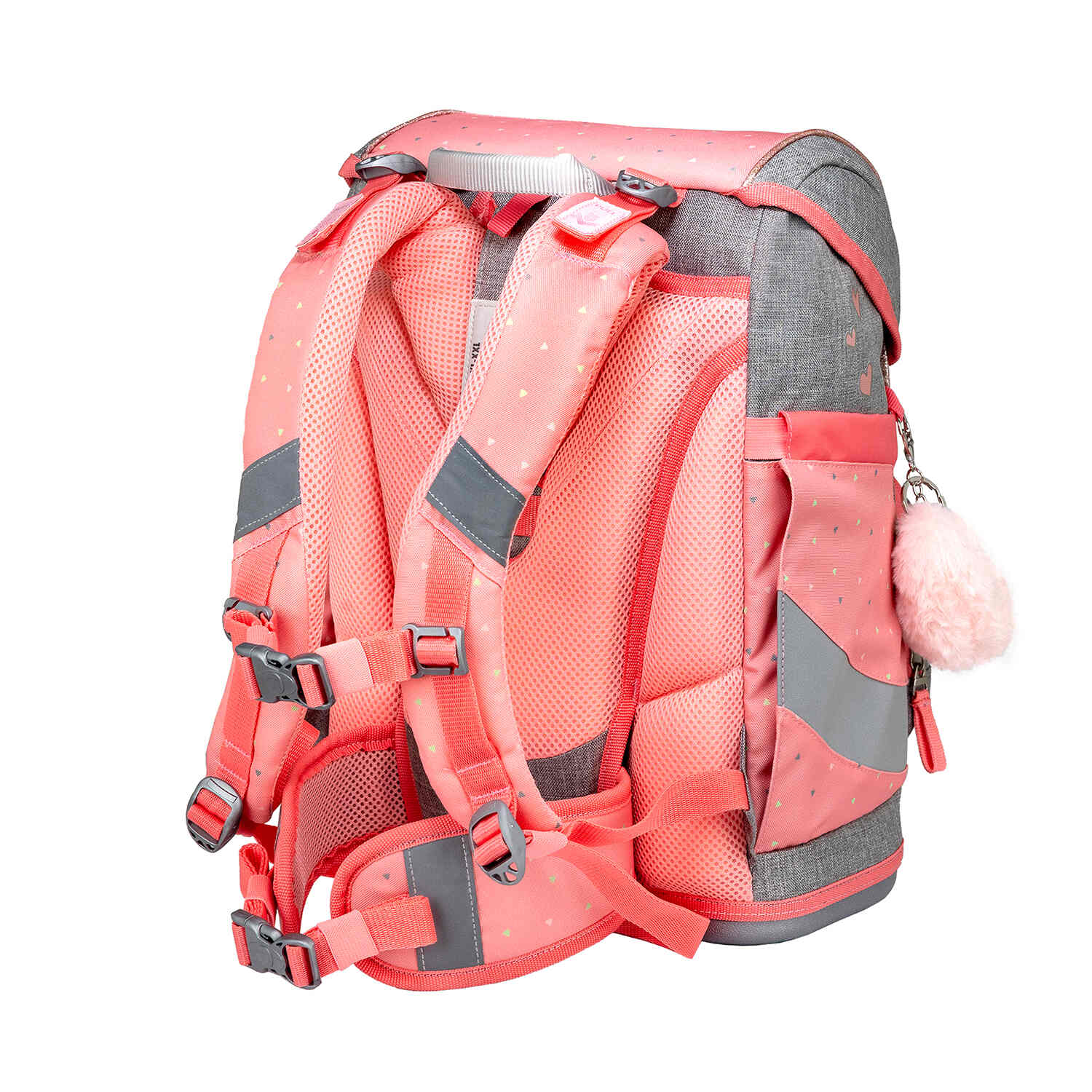 Detailed view of the back of the Belmil Smarty Minimal Triangels Ergonomic School Bag Set – 5-Piece Set with 9 Interchangeable Patches and Hip Belt, showcasing adjustable straps.