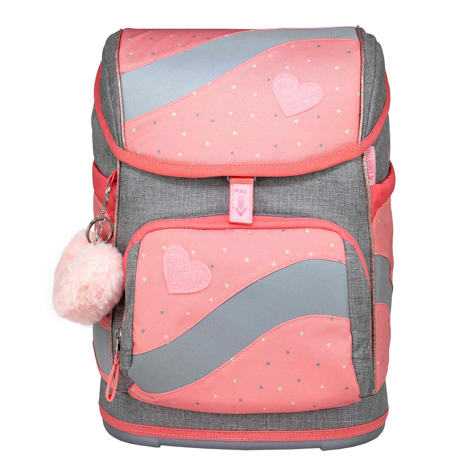 Front view of the Belmil Smarty Minimal Triangels Ergonomic School Bag Set – 5-Piece Set with 9 Interchangeable Patches and Hip Belt, displaying its vibrant colors and multiple pockets.