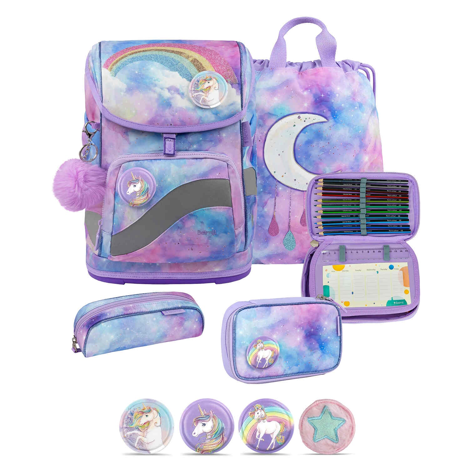 Premium Belmil School Bag Set for Girls – Smarty Plus Moonlight schoolbag set 6 pcs, showcasing the colorful design with ergonomic features.