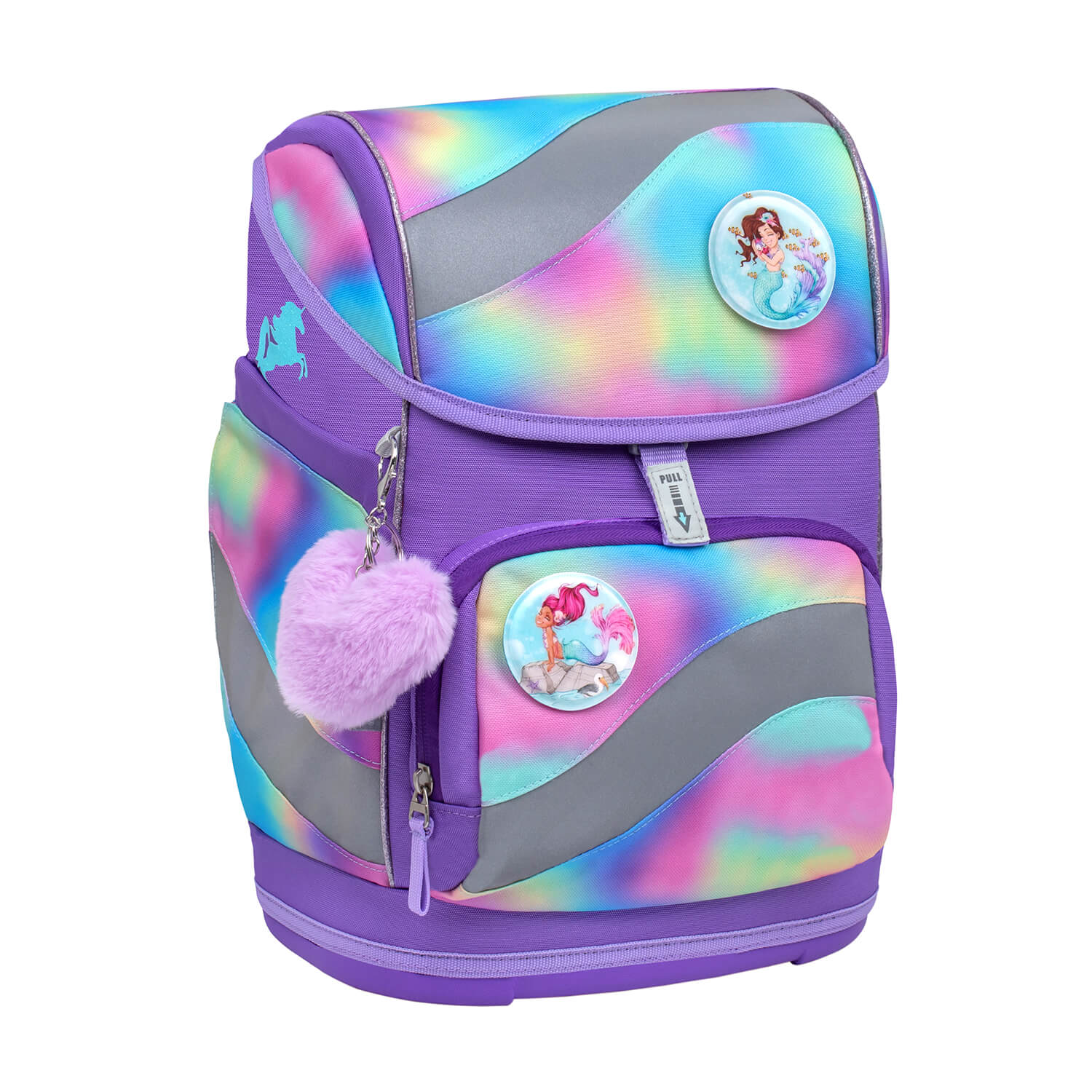 Front view of the Belmil Smarty Rainbow Color Ergonomic School Bag Set – 5-Piece Set with 9 Interchangeable Patches and Hip Belt, vibrant colors and fun patches visible, offered by the vendor sale.