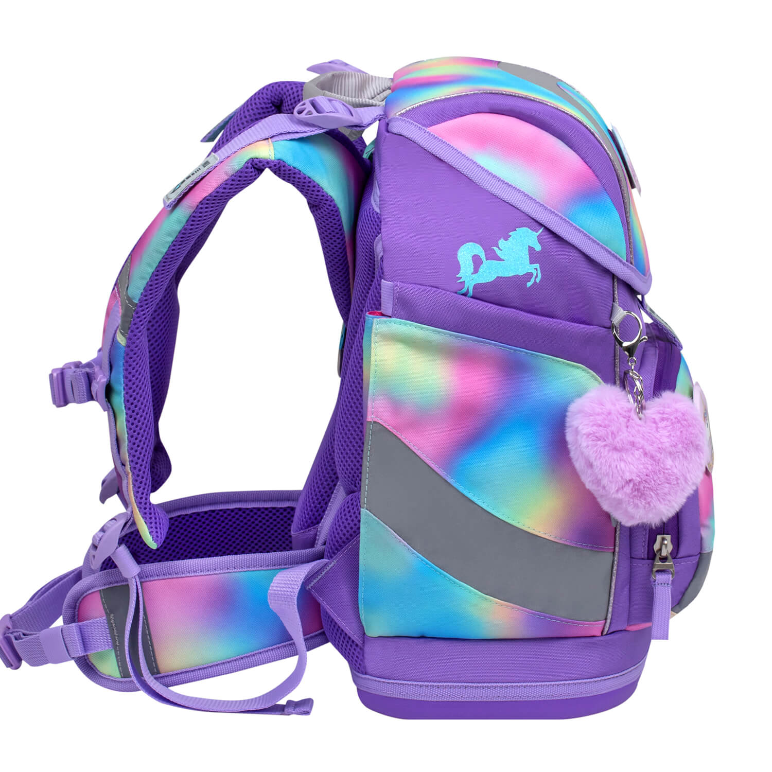 Side angle view of the Belmil Smarty Rainbow Color Ergonomic School Bag Set – 5-Piece Set with 9 Interchangeable Patches and Hip Belt, showcasing a stylish design and colorful patches from the vendor sale.