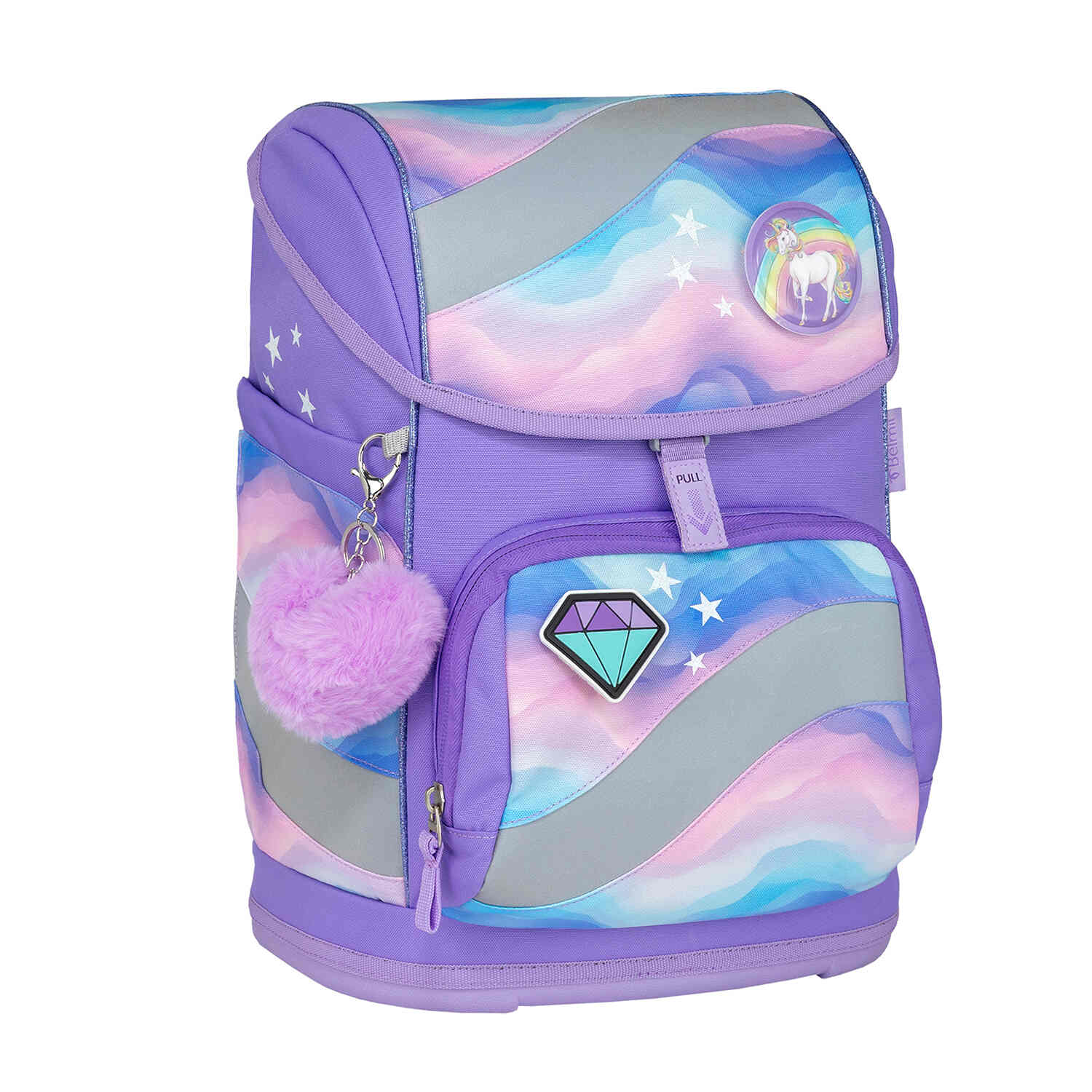 The Belmil Smarty Rainbow Land Ergonomic School Bag Set – 5-Piece Set with 9 Interchangeable Patches and Hip Belt featuring the slide-to-open Fidlock buckle.