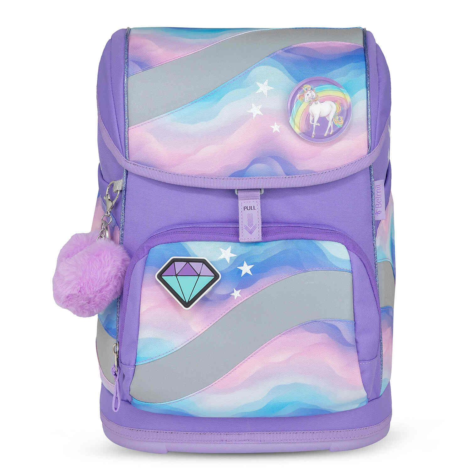 Close-up of the Belmil Smarty Rainbow Land Ergonomic School Bag Set – 5-Piece Set with 9 Interchangeable Patches and Hip Belt featuring the Rainbow Love patches.