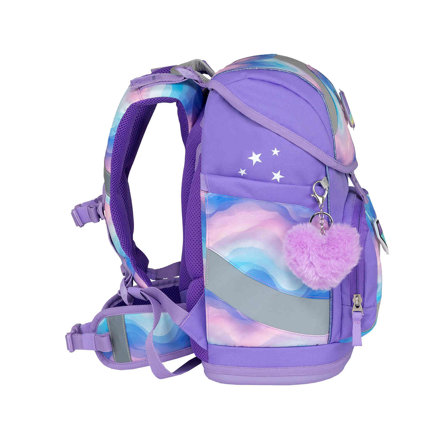 A side view of the Belmil Smarty Rainbow Land Ergonomic School Bag Set – 5-Piece Set with 9 Interchangeable Patches and Hip Belt showing its lightweight construction.