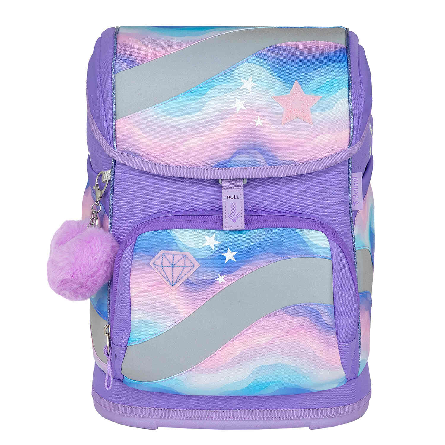 The Belmil Smarty Rainbow Land Ergonomic School Bag Set – 5-Piece Set with 9 Interchangeable Patches and Hip Belt highlighting its adjustable shoulder straps and hip belt.