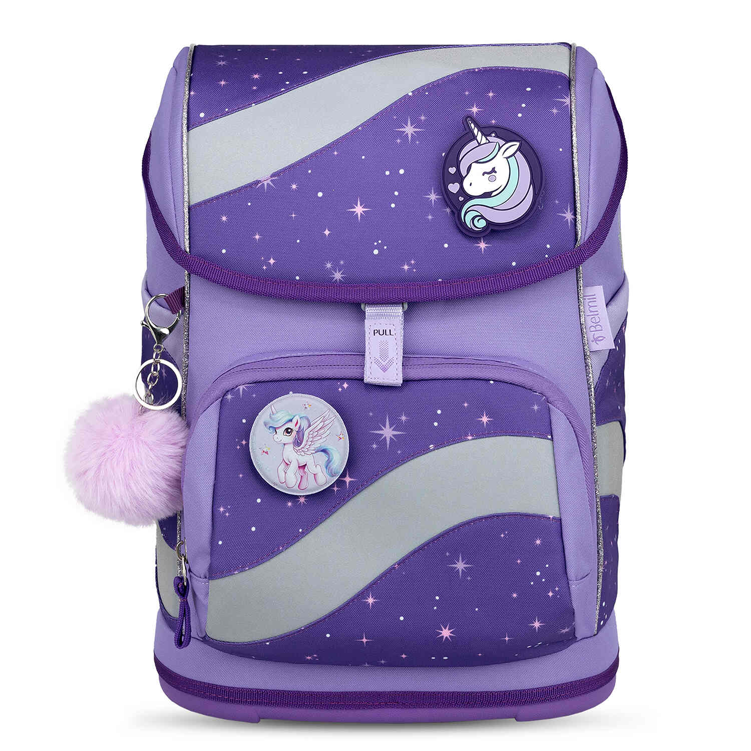 Ergonomic School Bag Set for Girls – Belmil Smarty Starlight schoolbag set 5 pcs displaying its large inner pocket and pencil case holder.