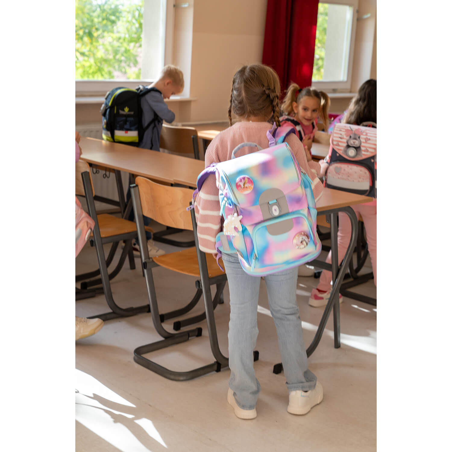 Close-up of the Belmil Motion Rainbow Color Ergonomic School Bag Set – Made from Recycled Materials, 5 pcs, with 9 Interchangeable Patches highlighting adjustable straps and ergonomic design.