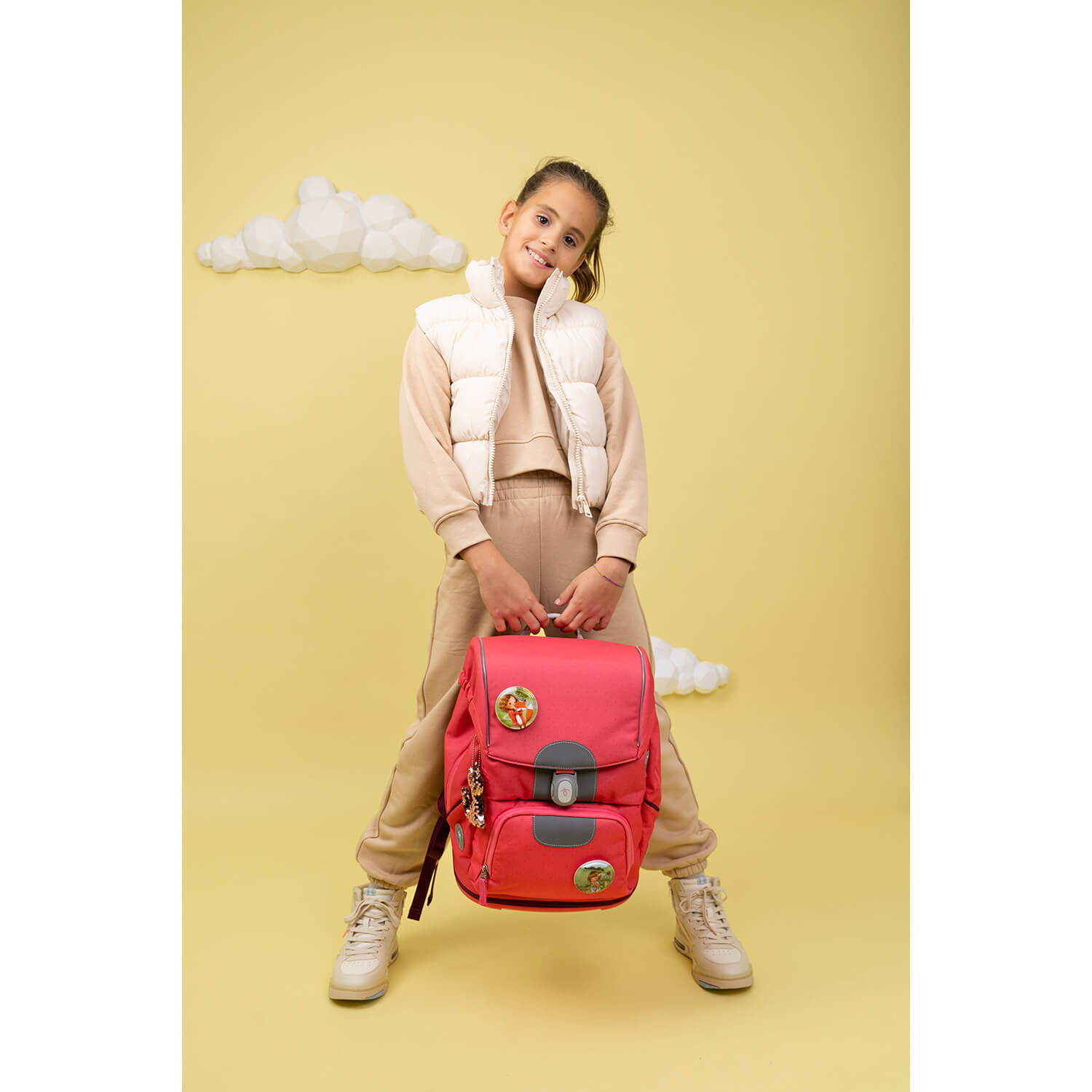 Top view of the Belmil Motion Sweet Candy Ergonomic School Bag Set – Made from Recycled Materials, 5 pcs, with 9 Interchangeable Patches highlighting its lightweight construction and adjustable straps.
