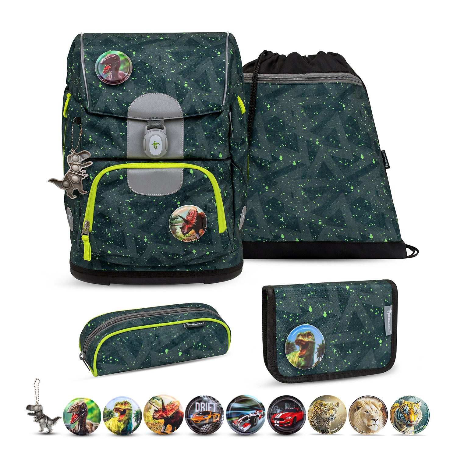 Belmil Motion Green Splash Ergonomic School Bag Set featuring a dark green base with bright green splatter accents, perfect for school.