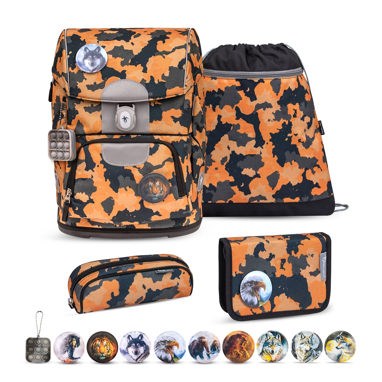 Belmil Motion Orange Camouflage Ergonomic School Bag Set showcasing vibrant orange and black colors, designed for schoolchildren.
