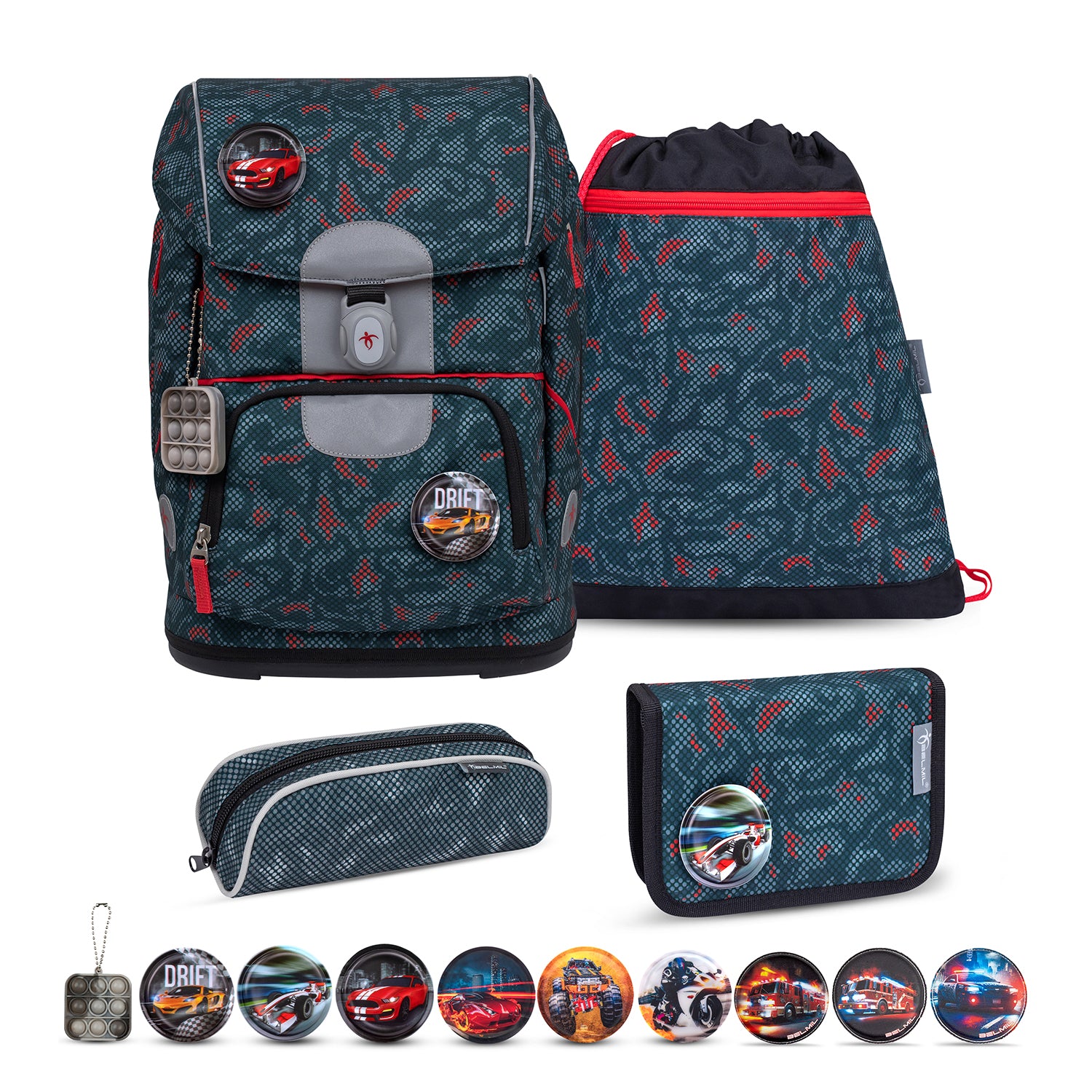 Belmil Motion Red Dots Ergonomic School Bag Set displayed with all 5 pieces, showcasing a vibrant red dots design and eco-friendly materials.