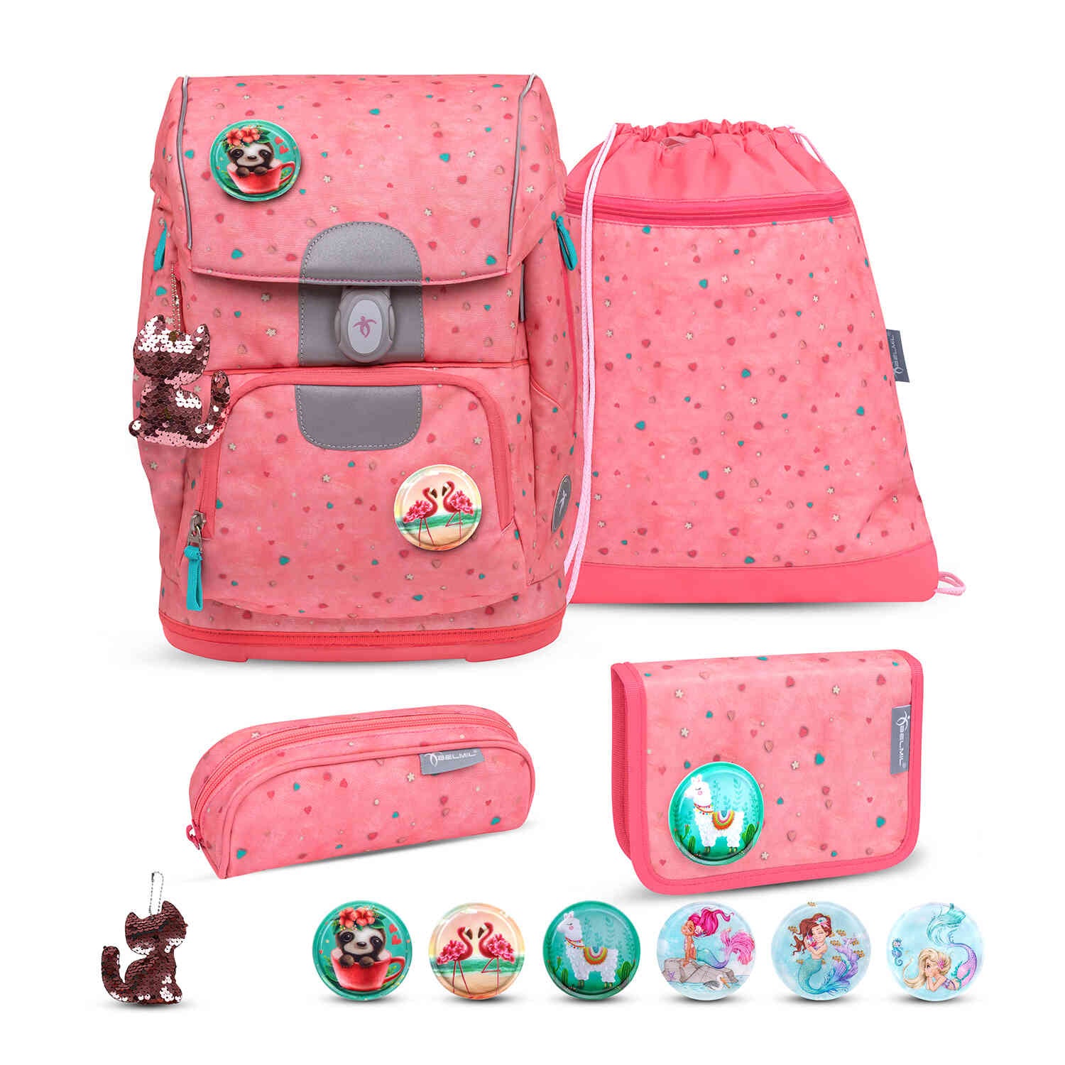 Ergonomic School Bag Set for Girls – Belmil Motion Blue Bird schoolbag set 5 pcs featuring a colorful design and adjustable straps.