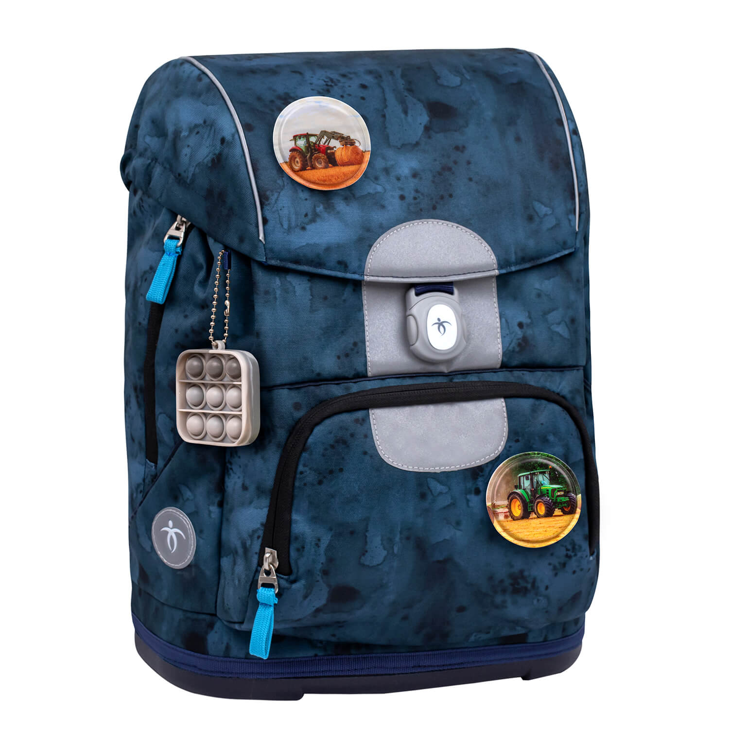 Features of Belmil Blue Splash School Bag including side pockets for bottles and insulated front pocket for snacks.