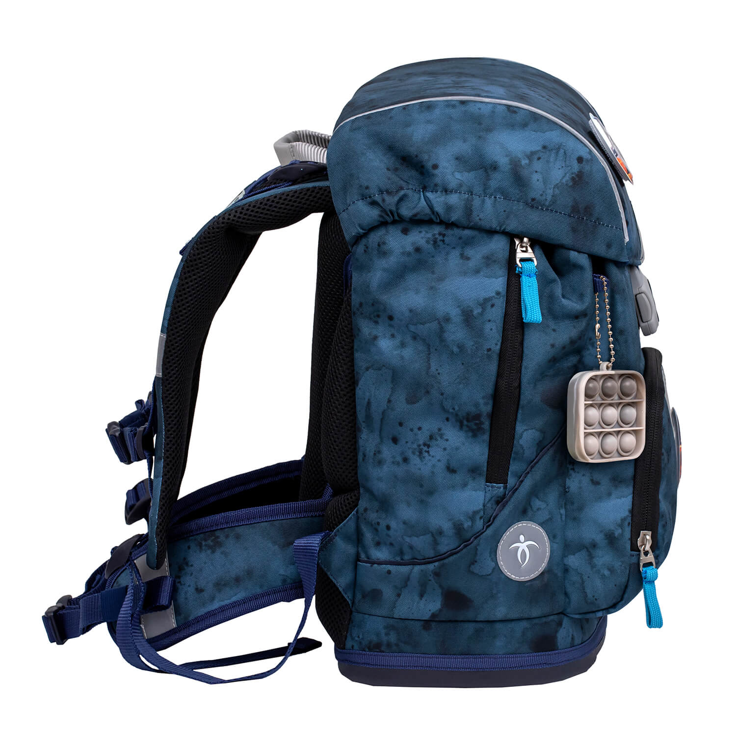 Ergonomic design of Belmil School Bag showing dimensions and easy-open magnetic buckle.
