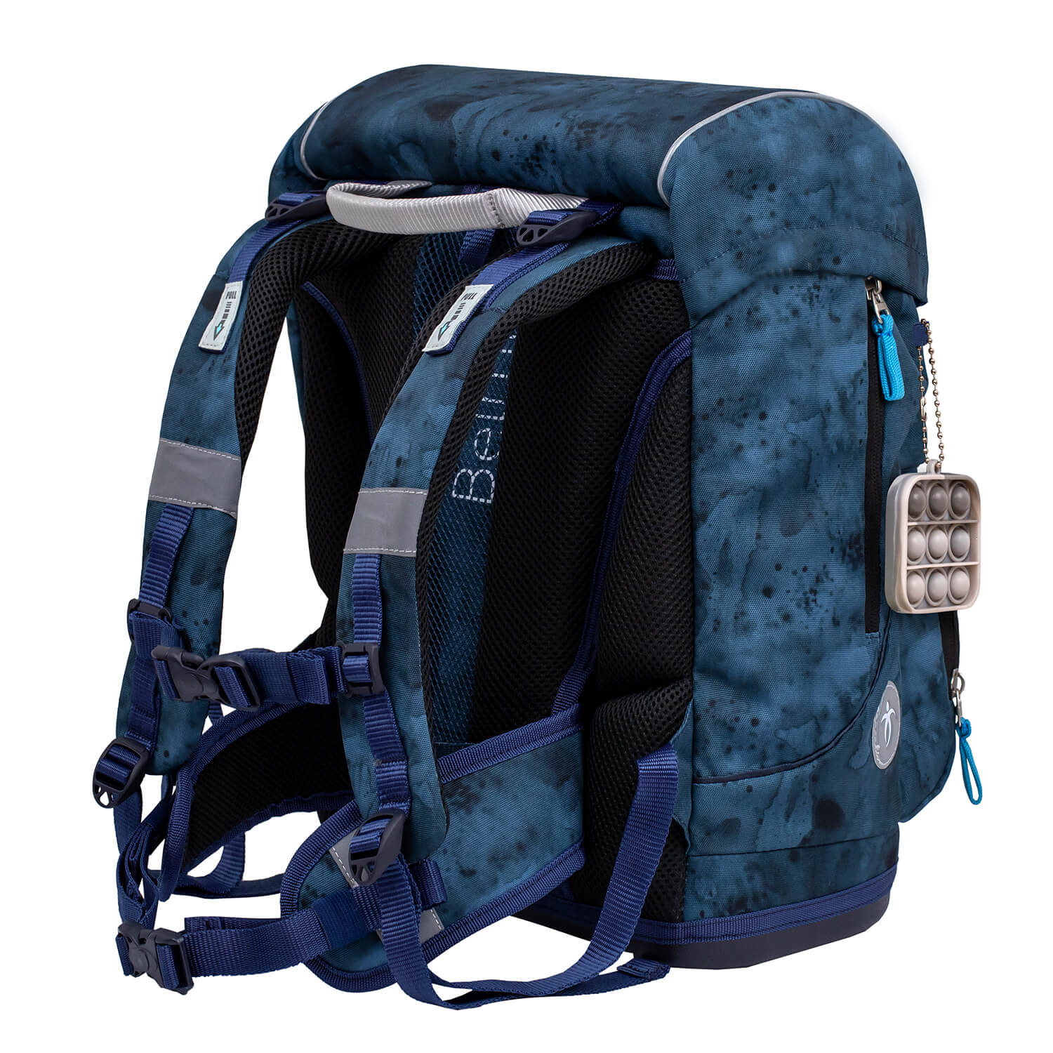 Belmil Blue Splash School Bag Set displayed with all 5 pieces highlighting the fun interchangeable patches.