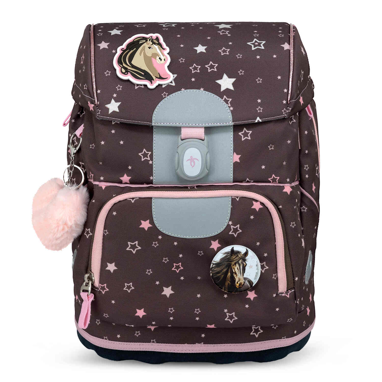 Thermo-foil front pocket of the Belmil Motion Champion Horse bag, ideal for keeping snacks fresh during school.