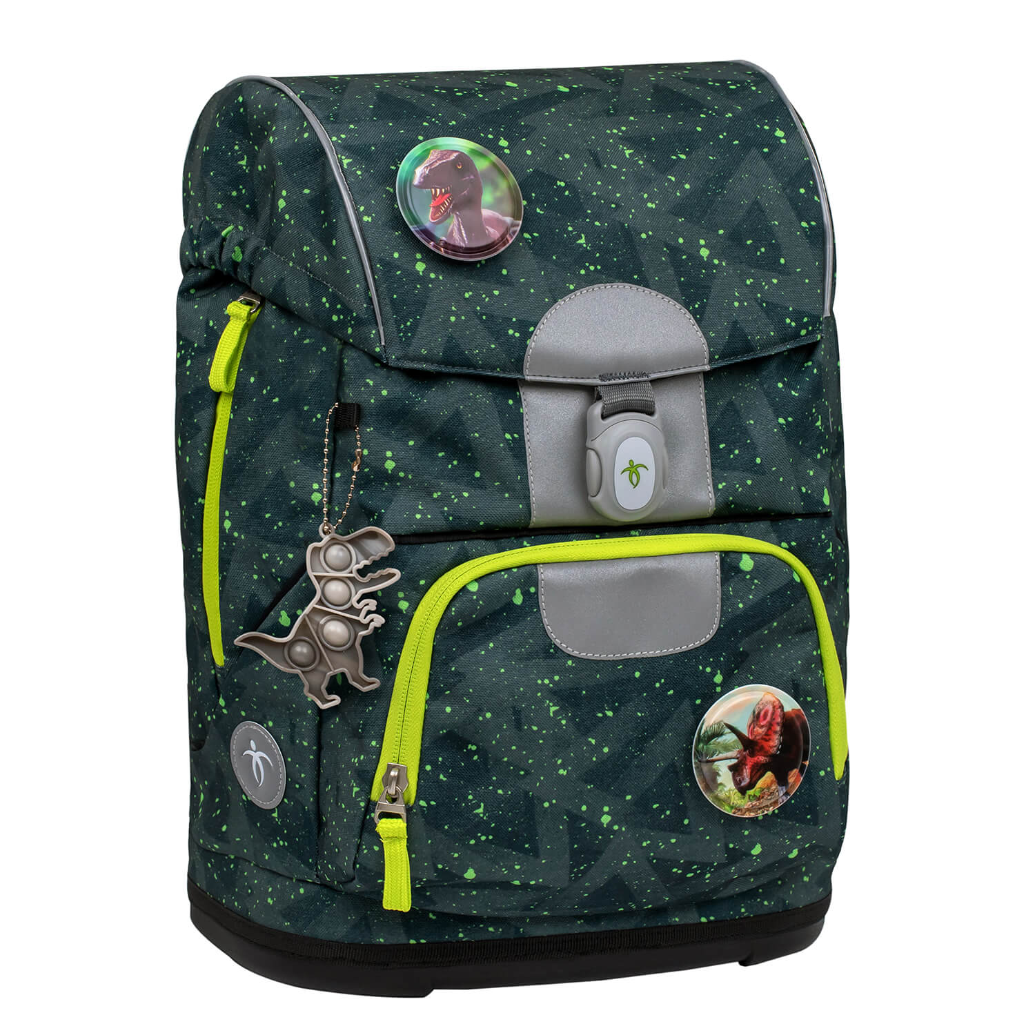 Collection of 9 interchangeable patches included with the Belmil school bag, featuring fun designs like dinosaurs.