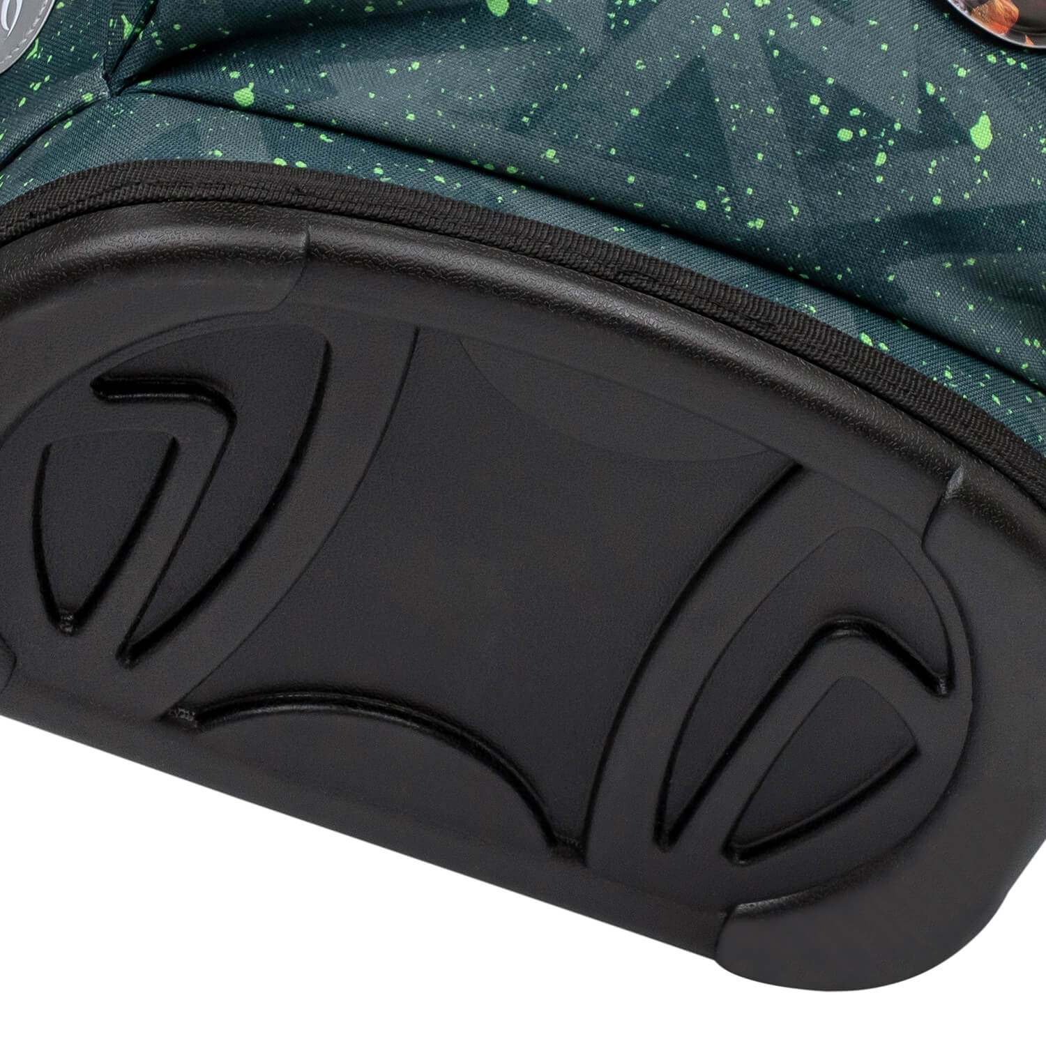 Showcasing the durable recycled materials used in the Belmil Motion Green Splash school bag.