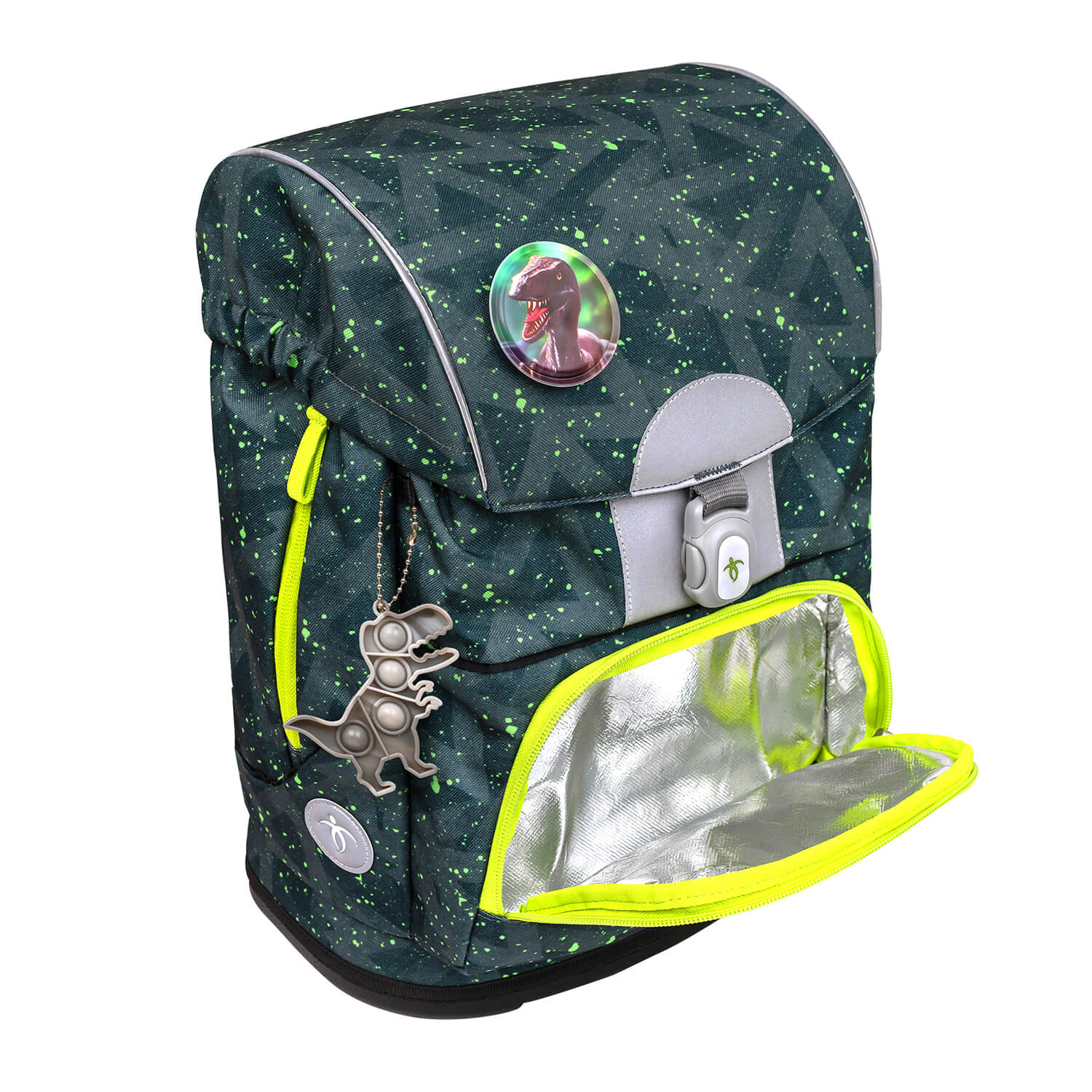 Display of the Belmil school bag close-up, emphasizing the stylish green splash design and functionality.