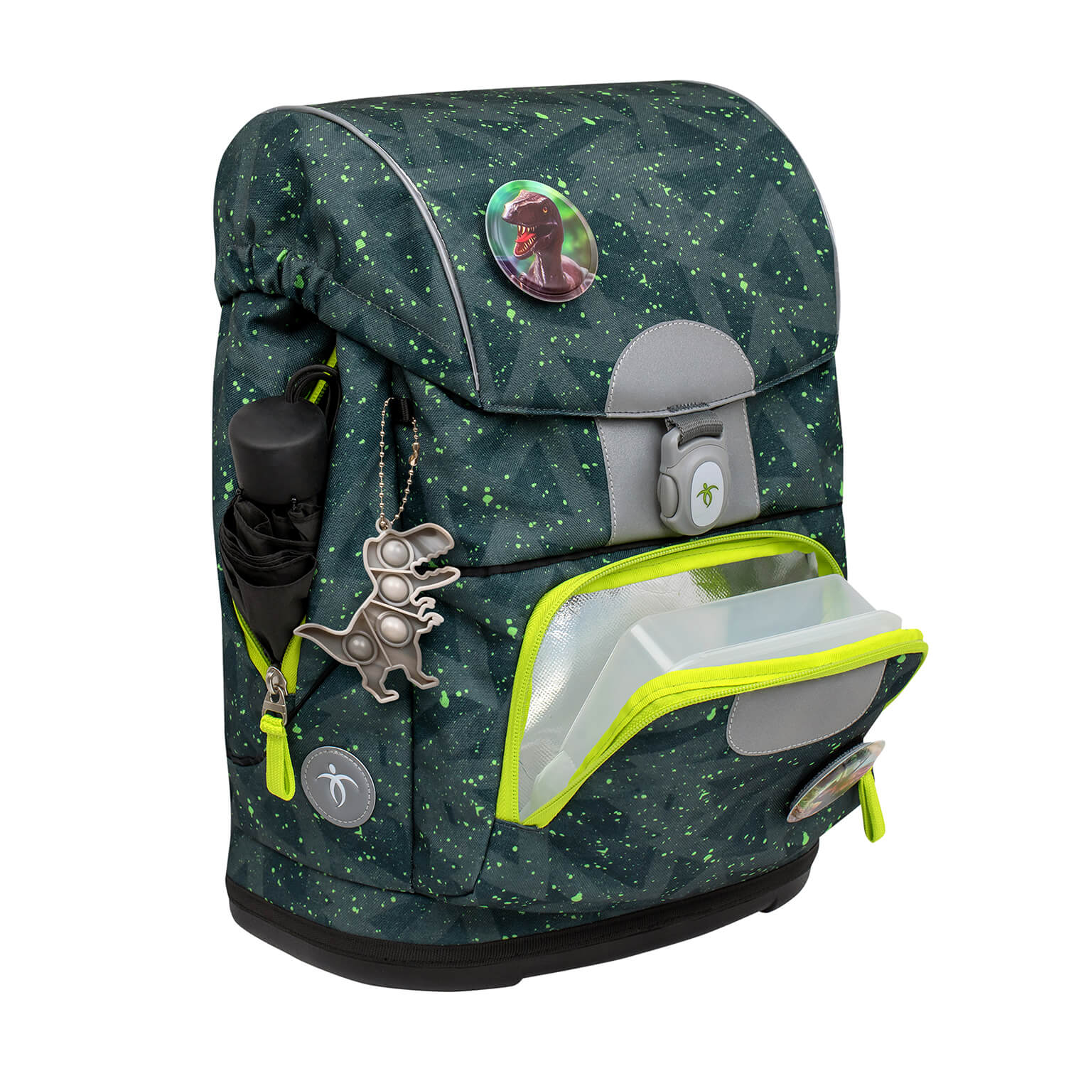 Beautifully arranged components of the Belmil Motion Green Splash school bag set, emphasizing its eco-friendly features.
