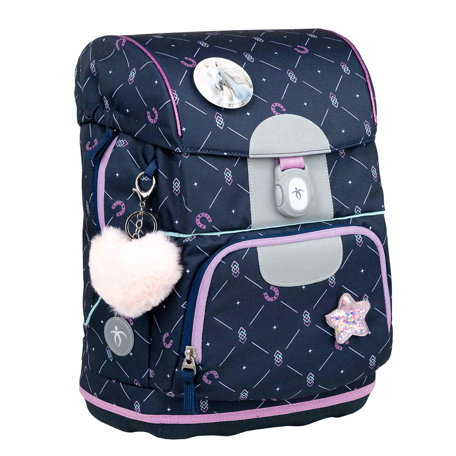 The versatile Belmil Motion Midnight Gallop Ergonomic School Bag Set – Made from Recycled Materials, 5 pcs, with 9 Interchangeable Patches, showing side pockets for water bottles.