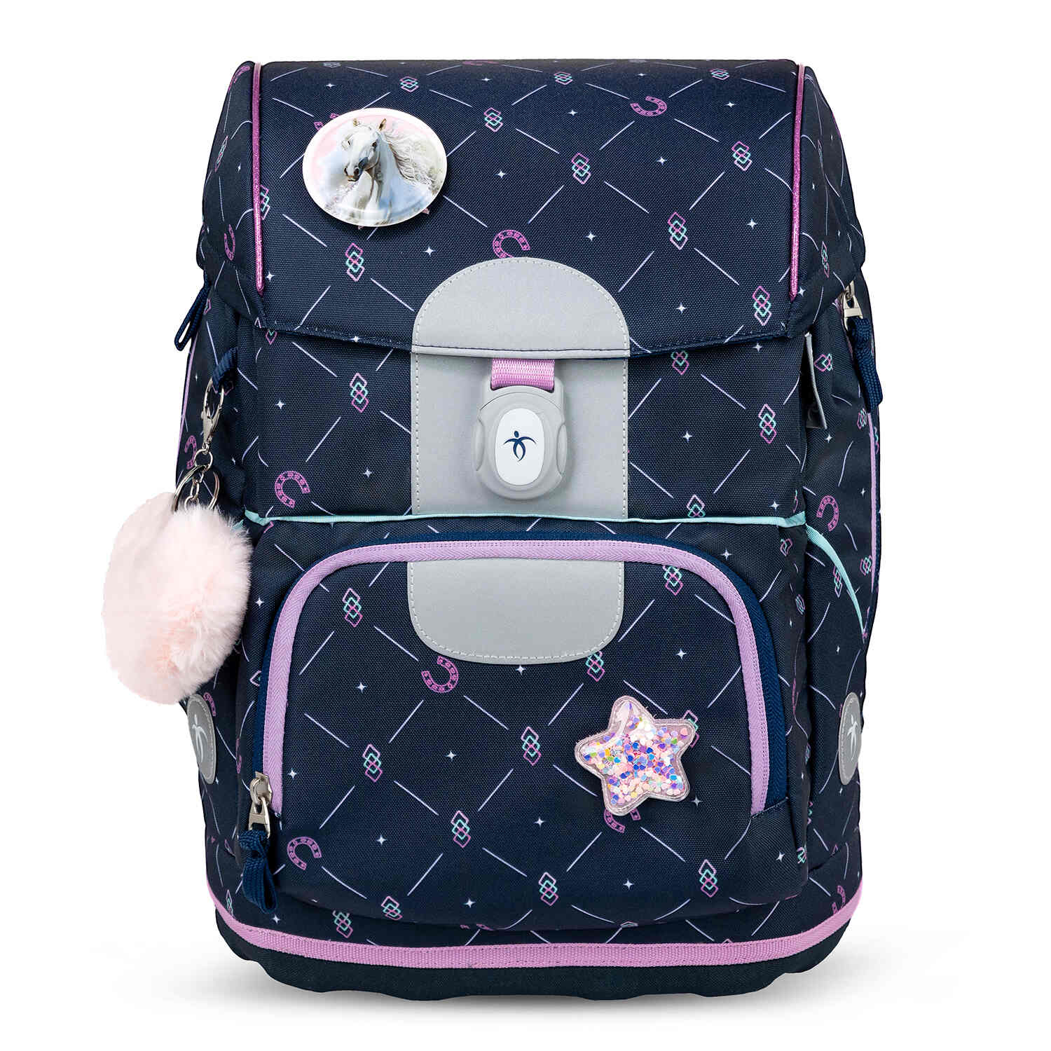 Padded back panel of the Belmil Motion Midnight Gallop Ergonomic School Bag Set – Made from Recycled Materials, 5 pcs, with 9 Interchangeable Patches designed for comfort.
